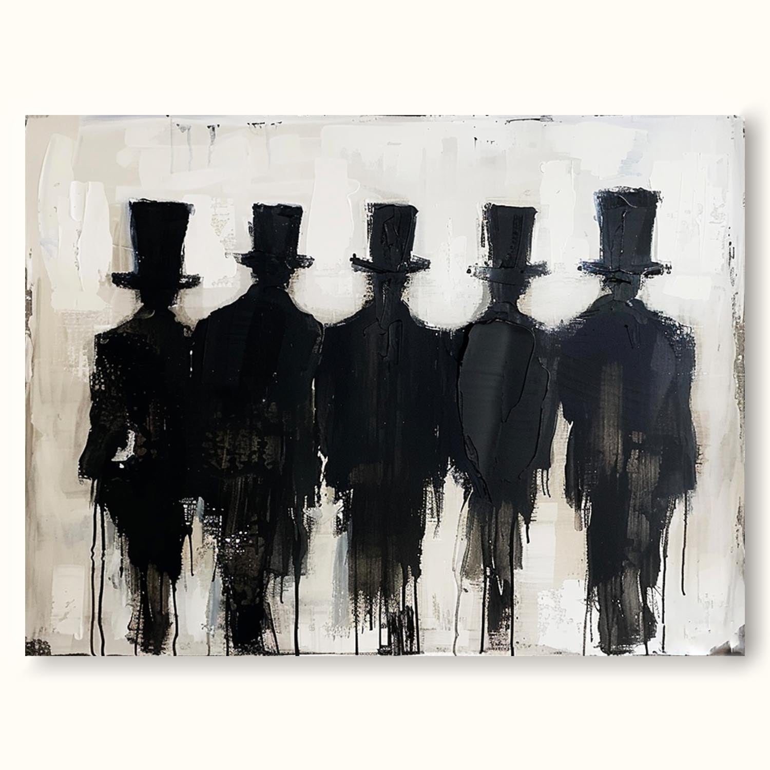 Vintage Neutral Black And Beige People Painting Large Minimalist Canvas Wall Art Original Handmade Wabi Sabi Artwork