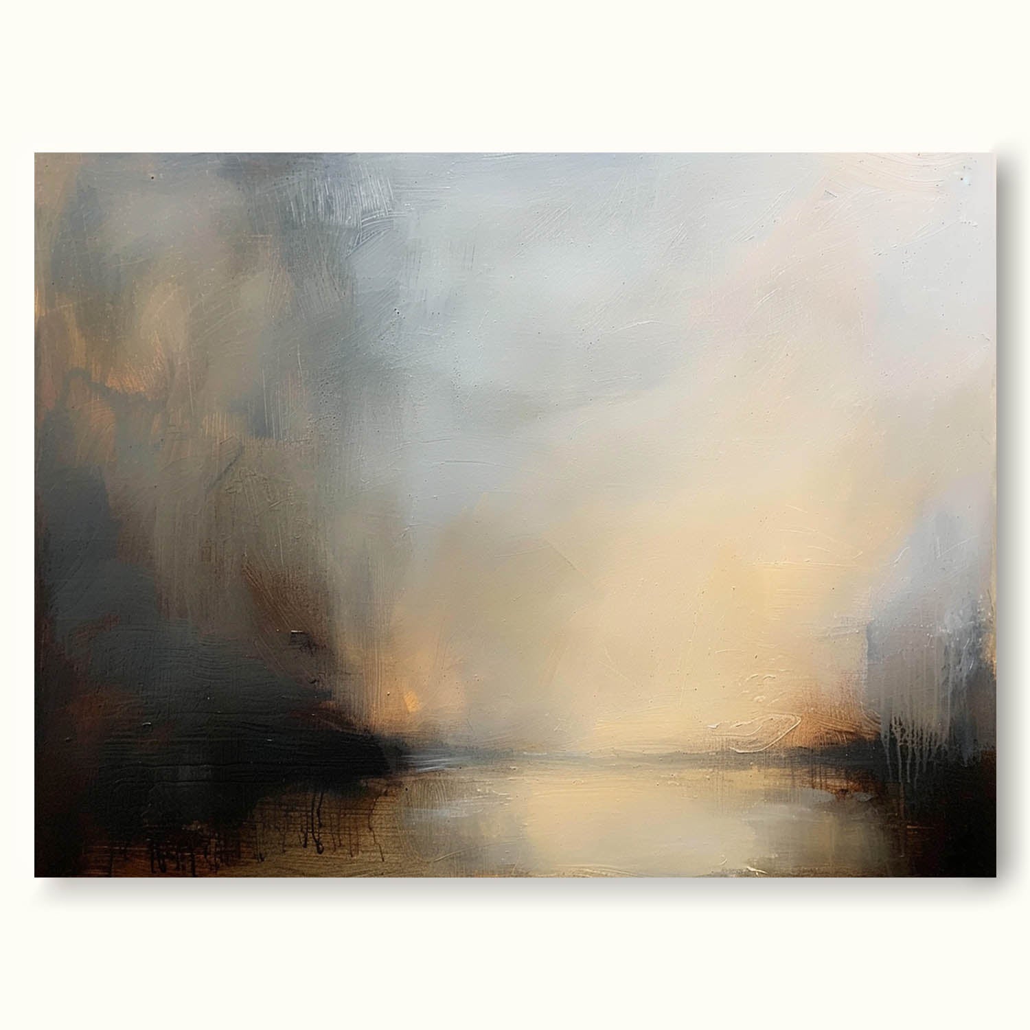 Vintage Moody Lake Oil Painting Handcrafted Lake Canvas Art Large Minimalist Rural Lake Scene Wall Art