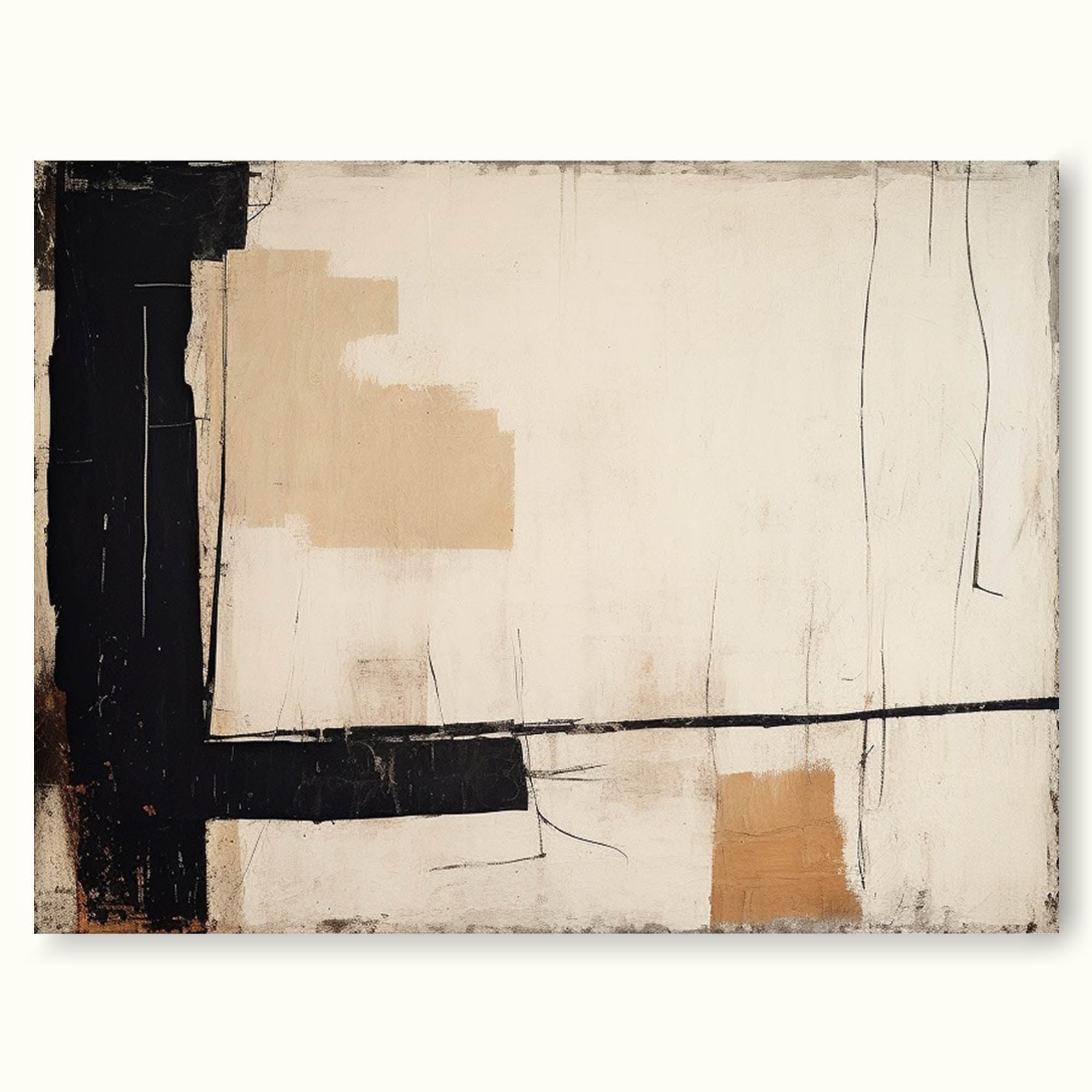 Neutral Beige & Black Painting On Canvas Large Beige Abstract Minimalist Painting Black Beige Wall Art