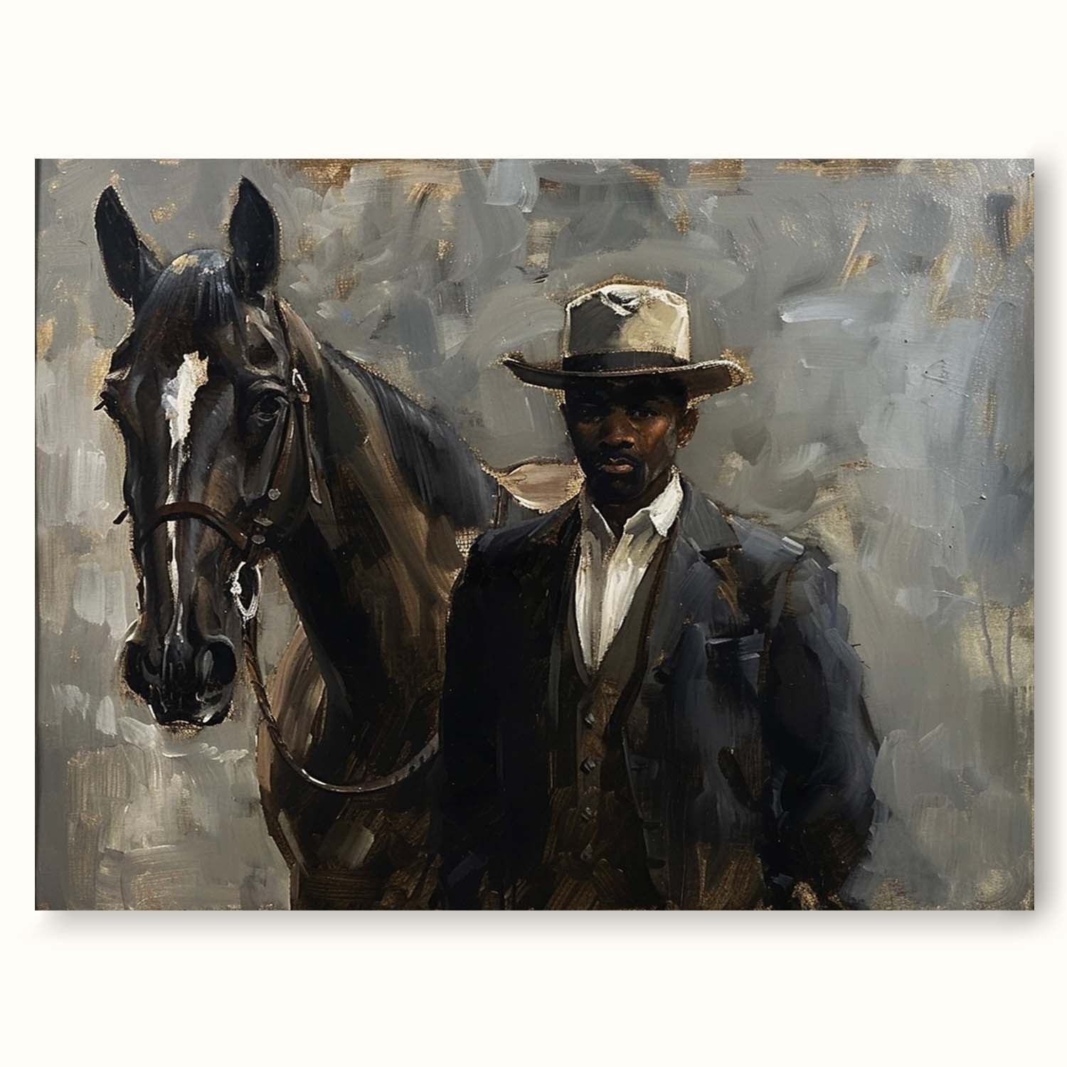 Vintage Western Cowboy Portrait Painting Large Black Textured Acrylic Horse Painting Rustic Neutral Canvas Artwork