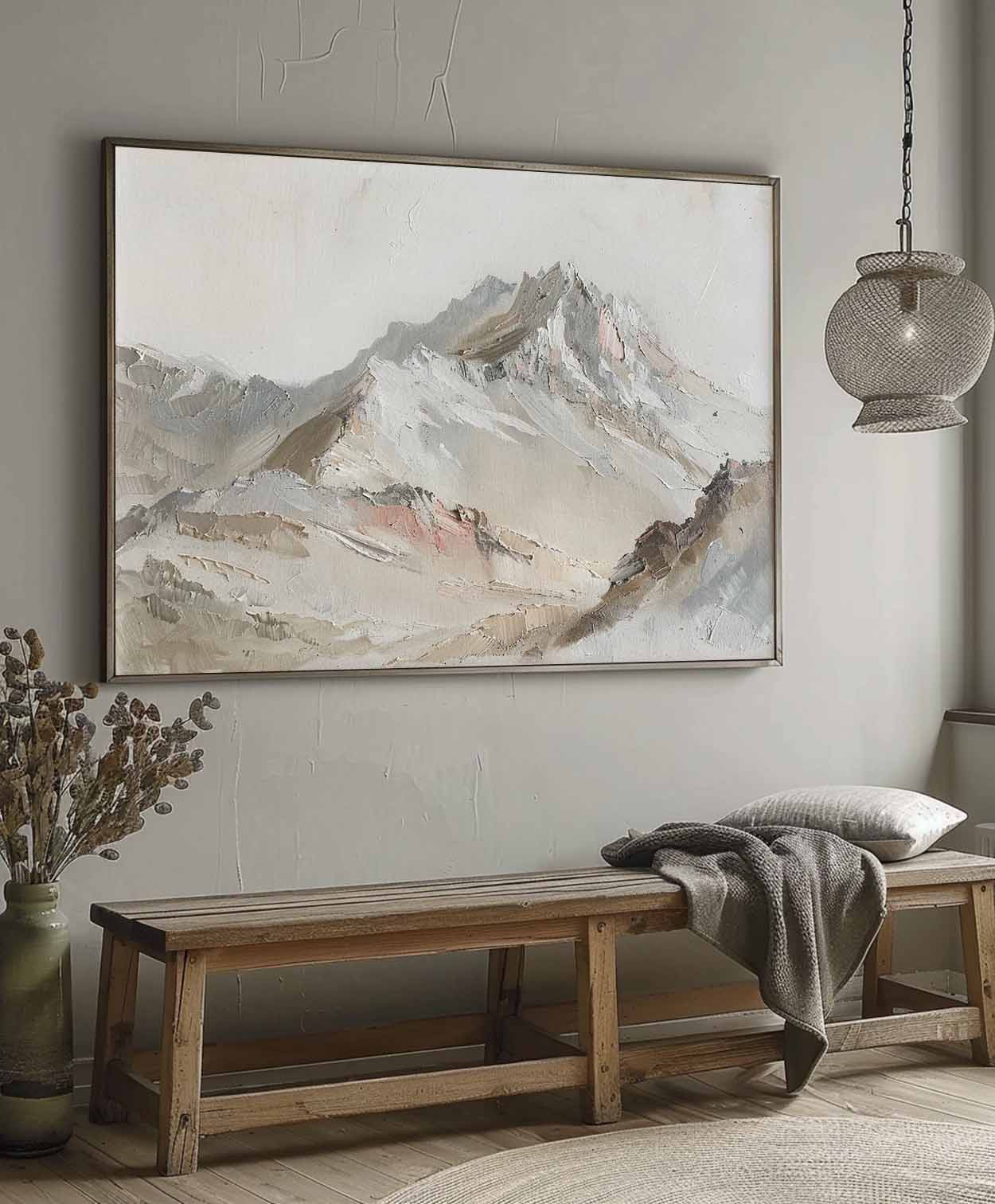 Vintage White Mountain Painting Original Grey And Brown Textured Landscape Painting Large Mountain Oil Painting