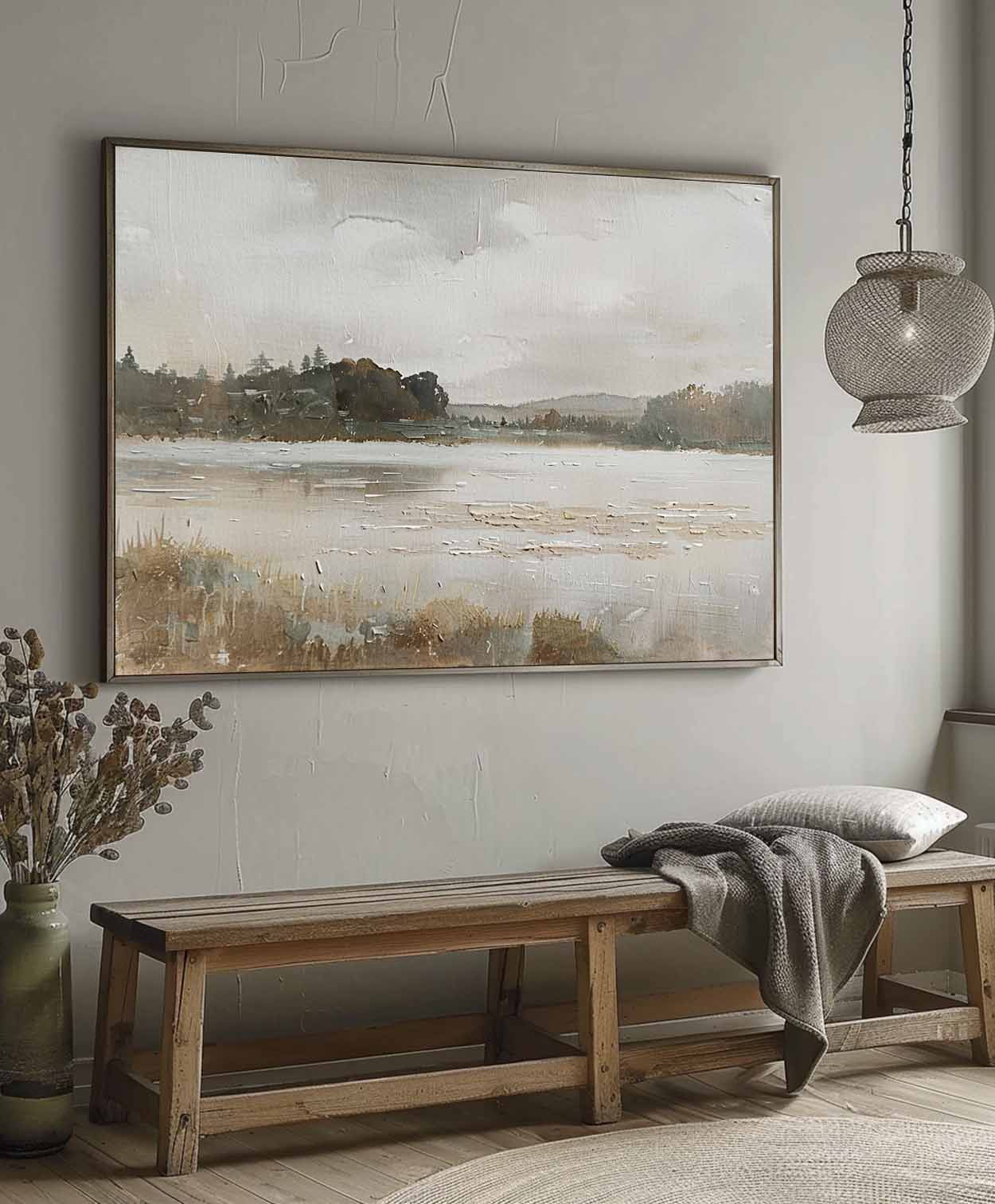 Retro Style Rural Wall Art Hand-Drawn Lakeside Landscape Oil Painting Retro Hand-Painted Wall Decor