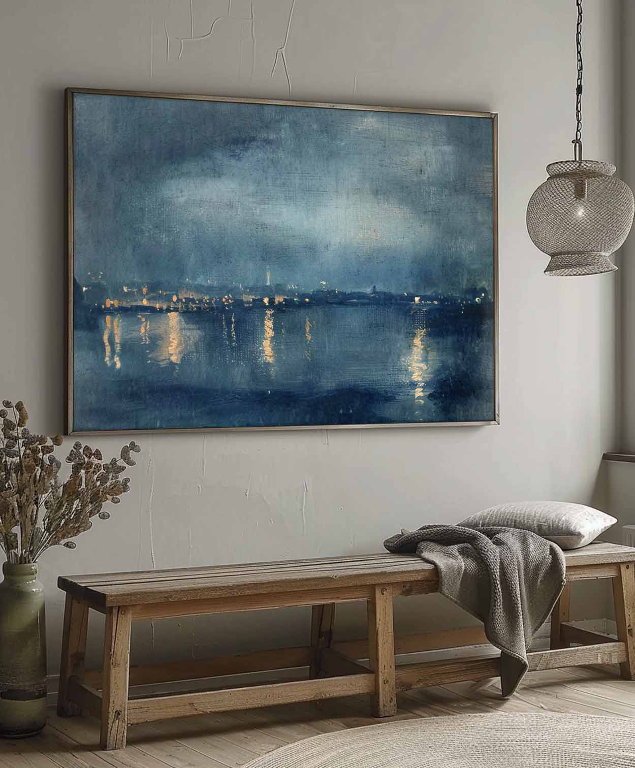 Vintage Country Night Landscape Canvas Wall Art Blue Starry Wall Art On Canvas Vintage Blue Wall Decor