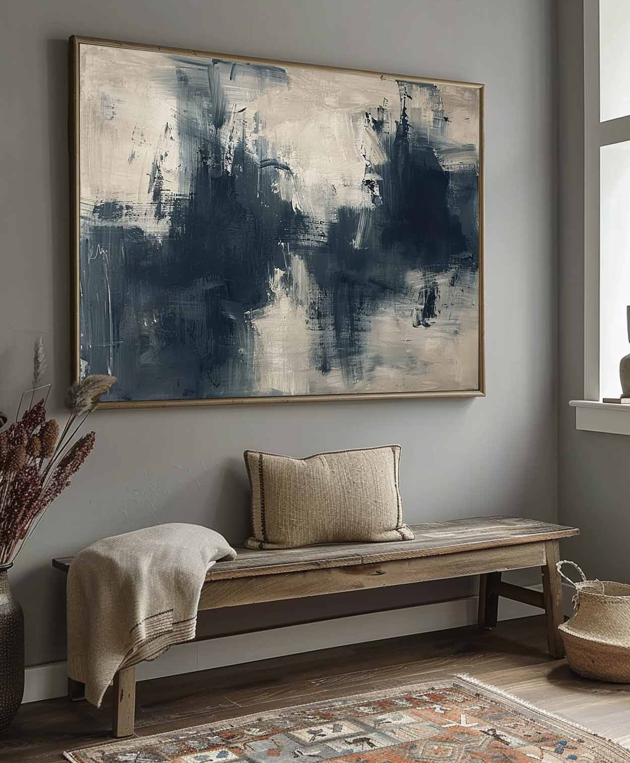 Vintage Rustic Wall Art Navy Blue Beige Wall Art Blue Wall Works Abstract Dark Canvas Oil Painting