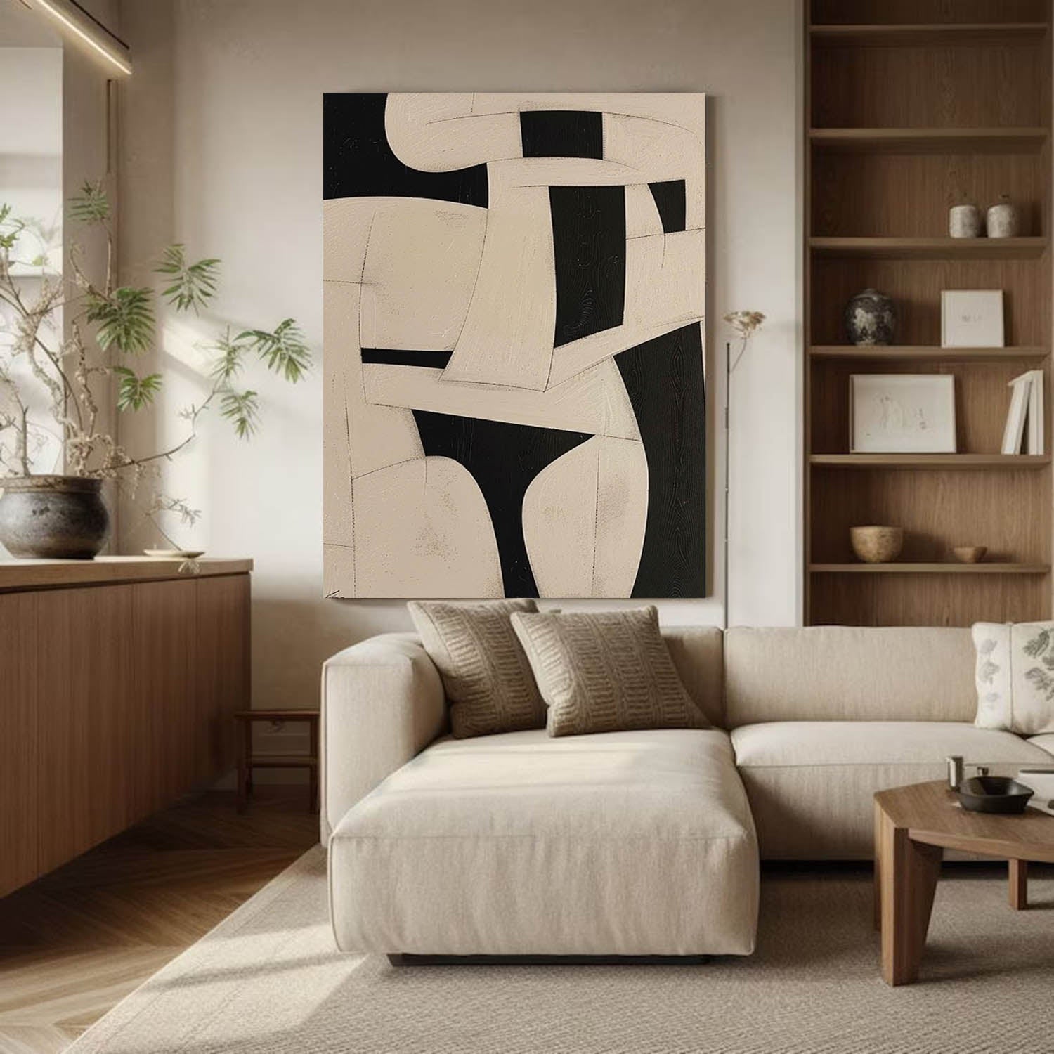 Large Minimalist Abstract Painting Beige Black Wall Art Original Beige Black Abstract Painting