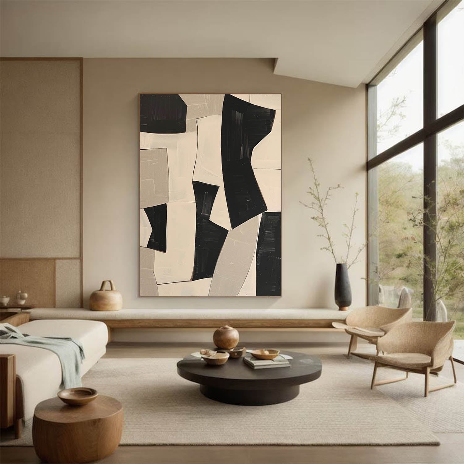 Minimalist Beige Abstract Painting On Canvas Beige And Black Abstract Oil Painting 