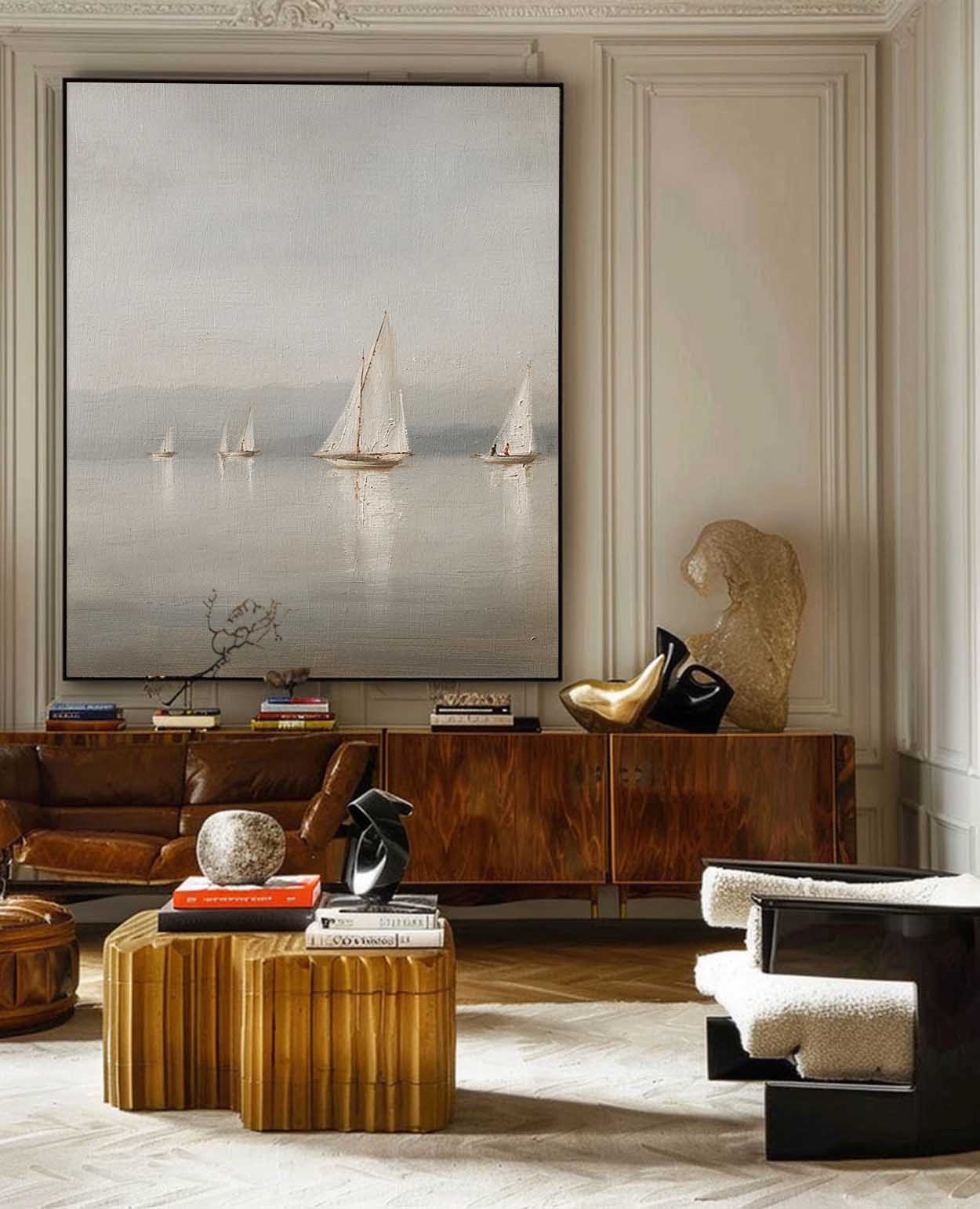 Antique Sailboats Painting White Sailboats Canvas Wall Art Sea Landscape Painting