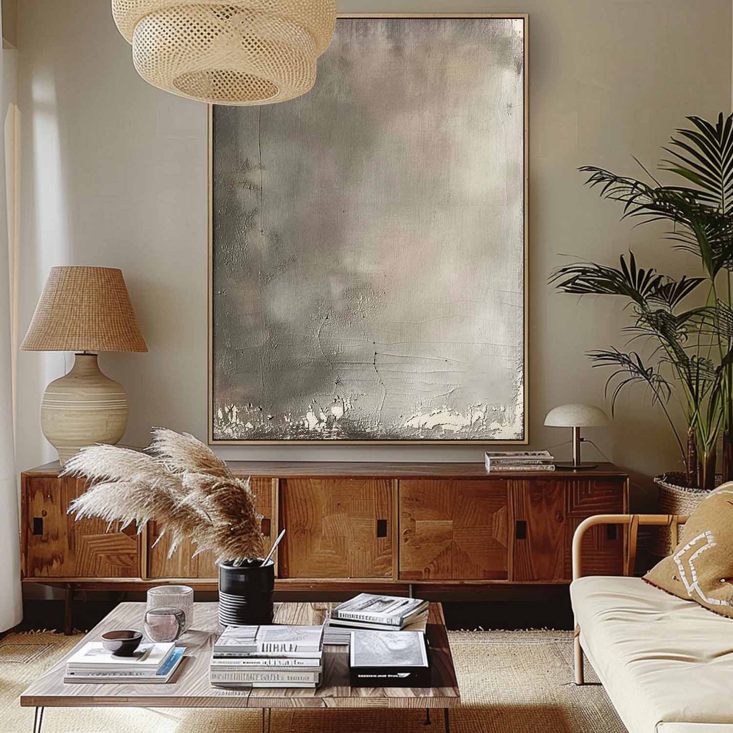 Vintage Beige And Grey Wall Art Abstract Landscape in Neutral Shades Large Abstract Painting