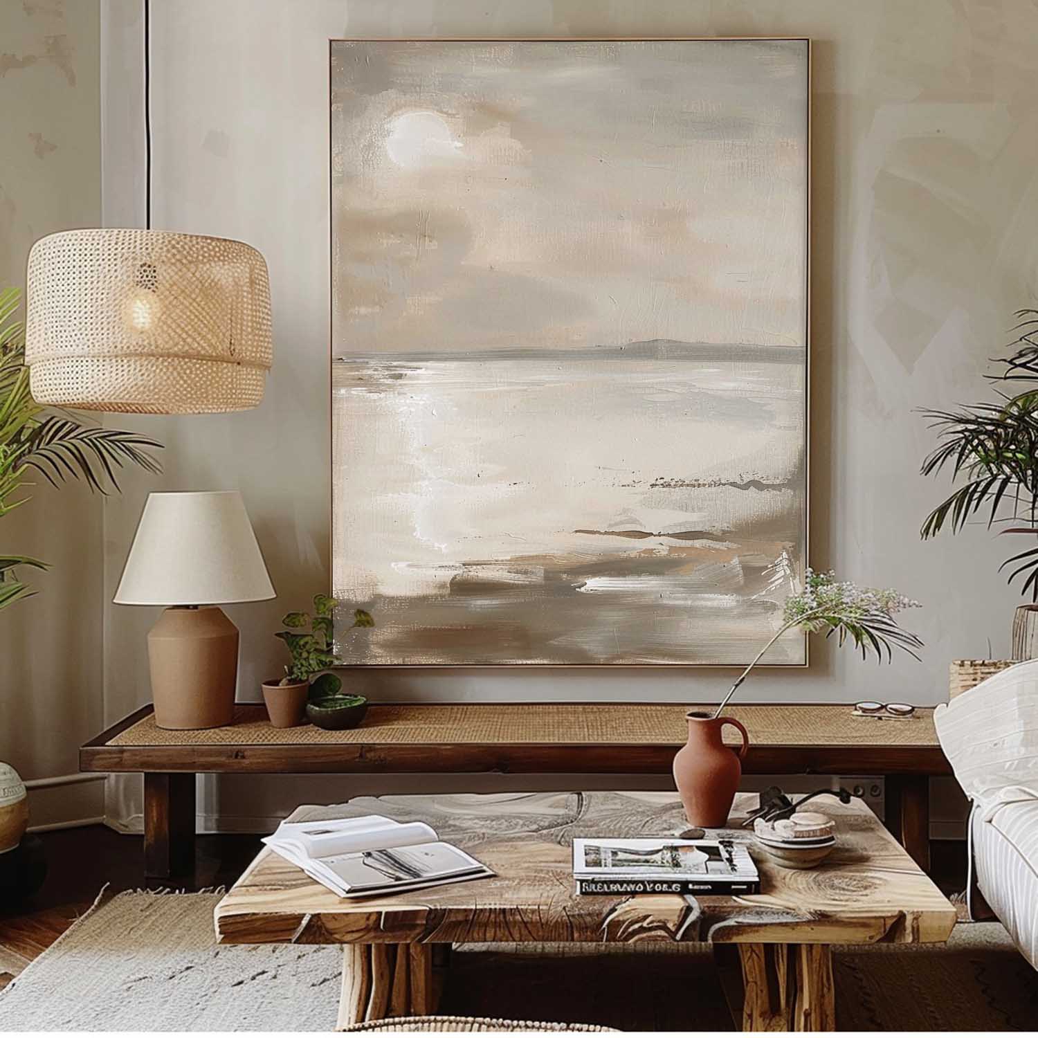 Vintage Sea View Sunset Oil Painting Original Seascape Painting Beige Sunset Wall Art Beige Ocean Abstract Painting