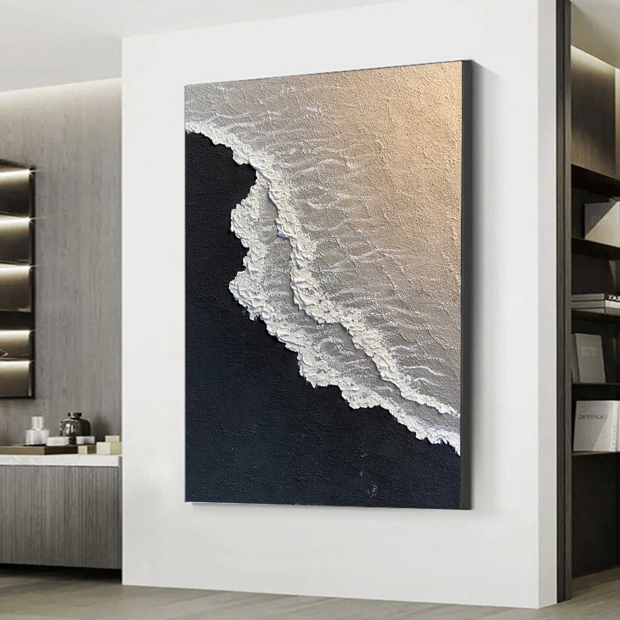 Minimalist 3d Ocean Waves Painting Original Black And White Ocean Beach Painting