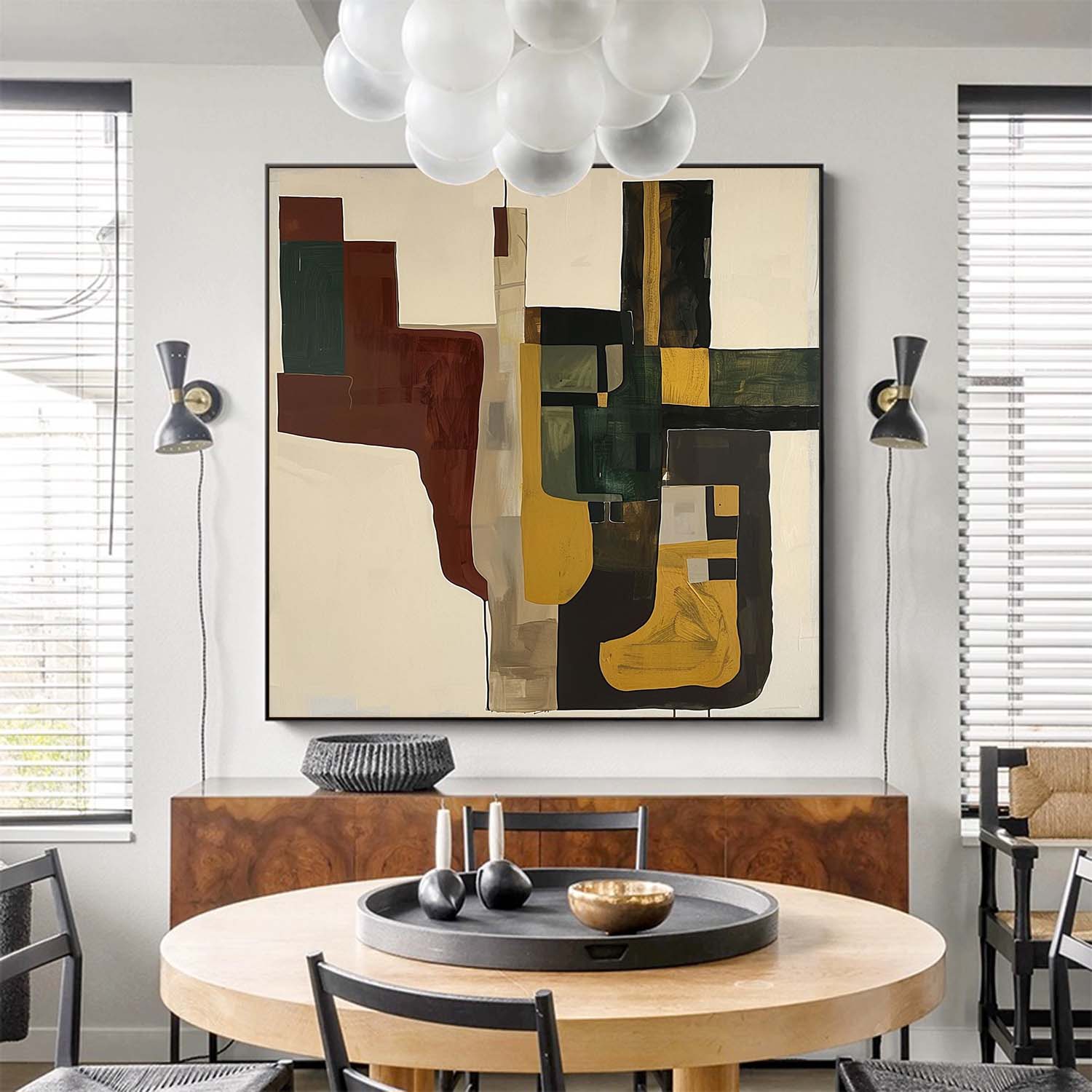 Large Retro Abstract Art Original Stretched Canvas Print Minimalist Retro Beige Wall Art