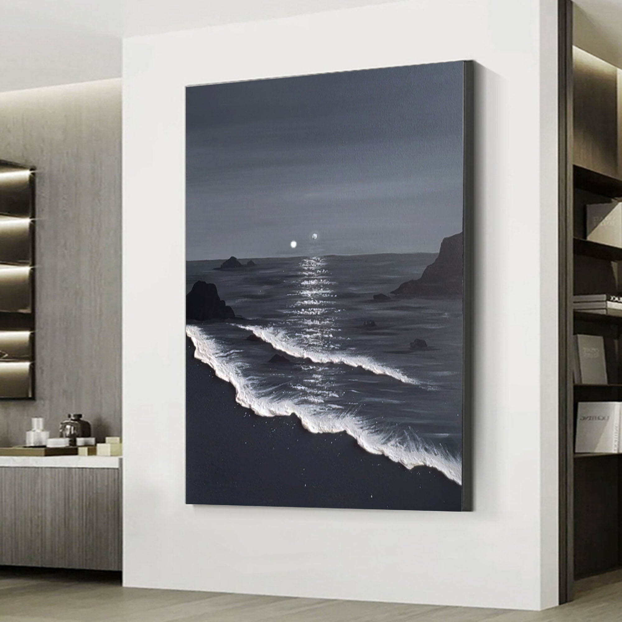 Minimalist 3d Ocean Waves Painting Original Black And White Ocean Beach Painting