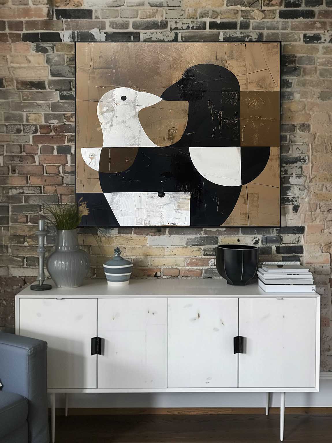 Retro Black And White Dove On Canvas Large Minimalist Abstract Painting Retro Brown Background Dove Painting