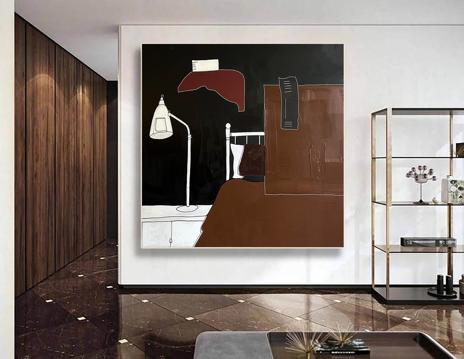 Minimalist Bed Figurative Painting Minimalist Brown Black Wall Art Large Black Brown Wall Painting