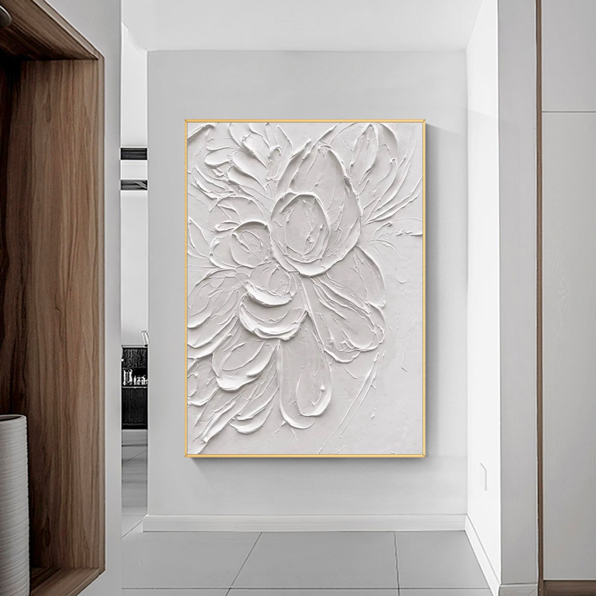 Original 3d Textured Wall Art White Flower Painting On Canvas Living Room Wall Art