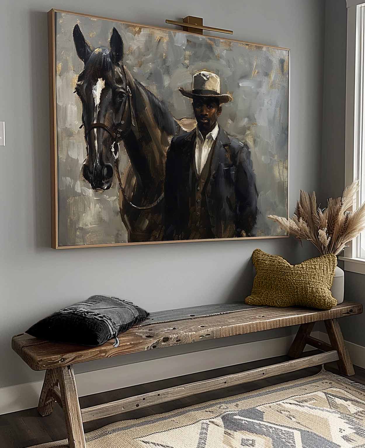 Vintage Western Cowboy Portrait Painting Large Black Textured Acrylic Horse Painting Rustic Neutral Canvas Artwork