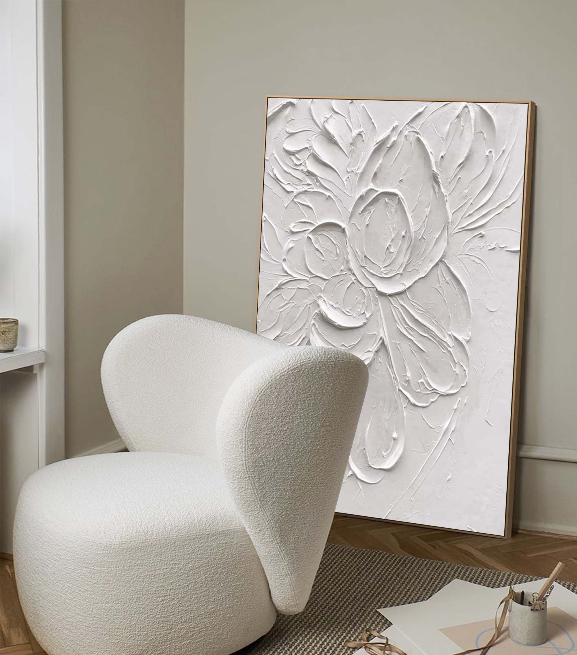 Original 3d Textured Wall Art White Flower Painting On Canvas Living Room Wall Art