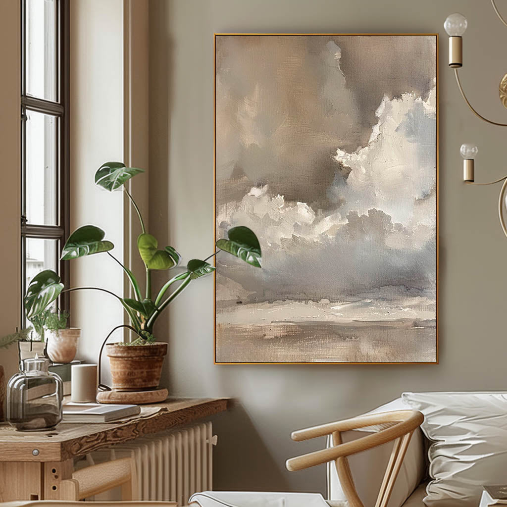 Vintage Beige And Brown Cloud Wall Art Cloudy Sky Oil Painting Vintage Neutral Cloud Painting