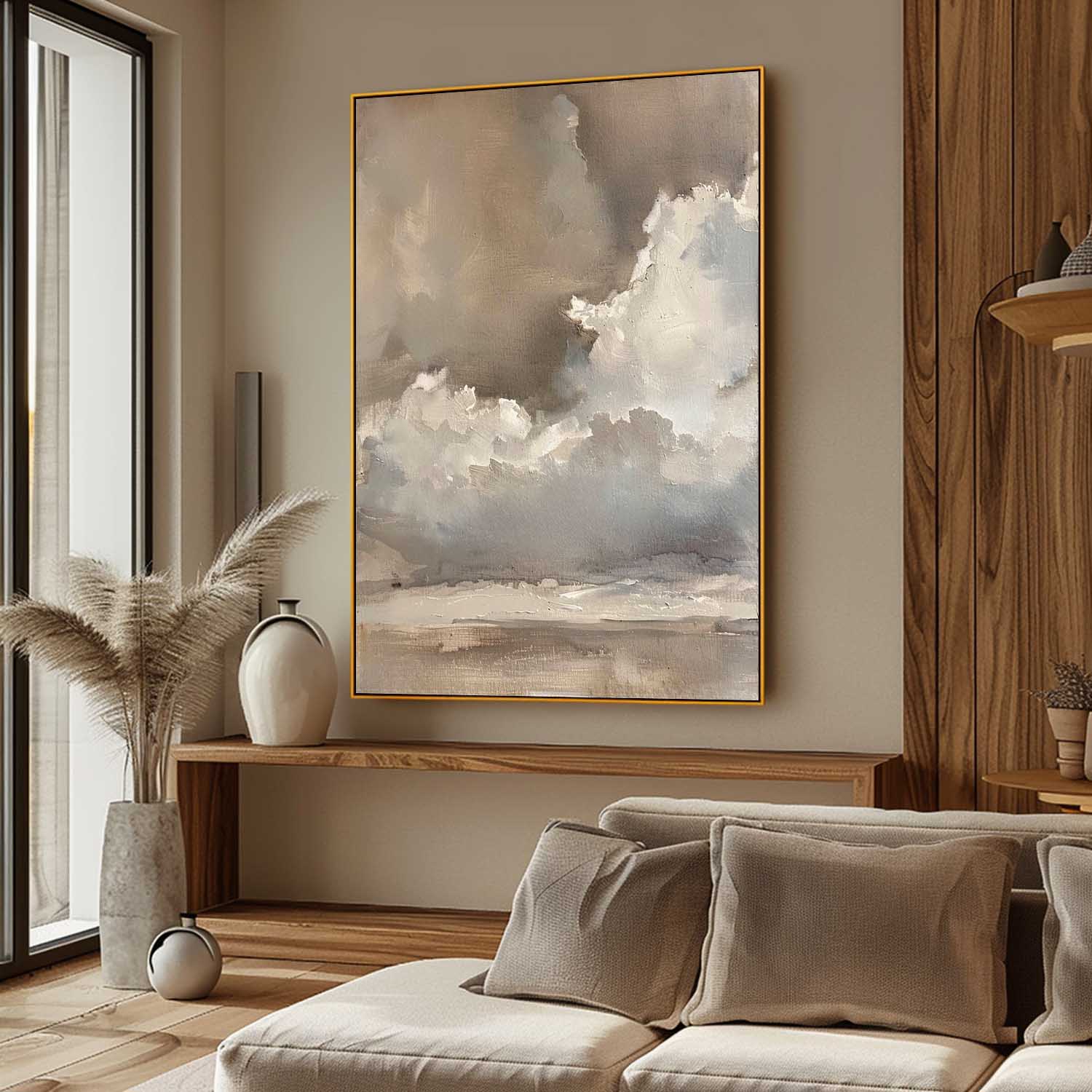 Vintage Beige And Brown Cloud Wall Art Cloudy Sky Oil Painting Vintage Neutral Cloud Painting