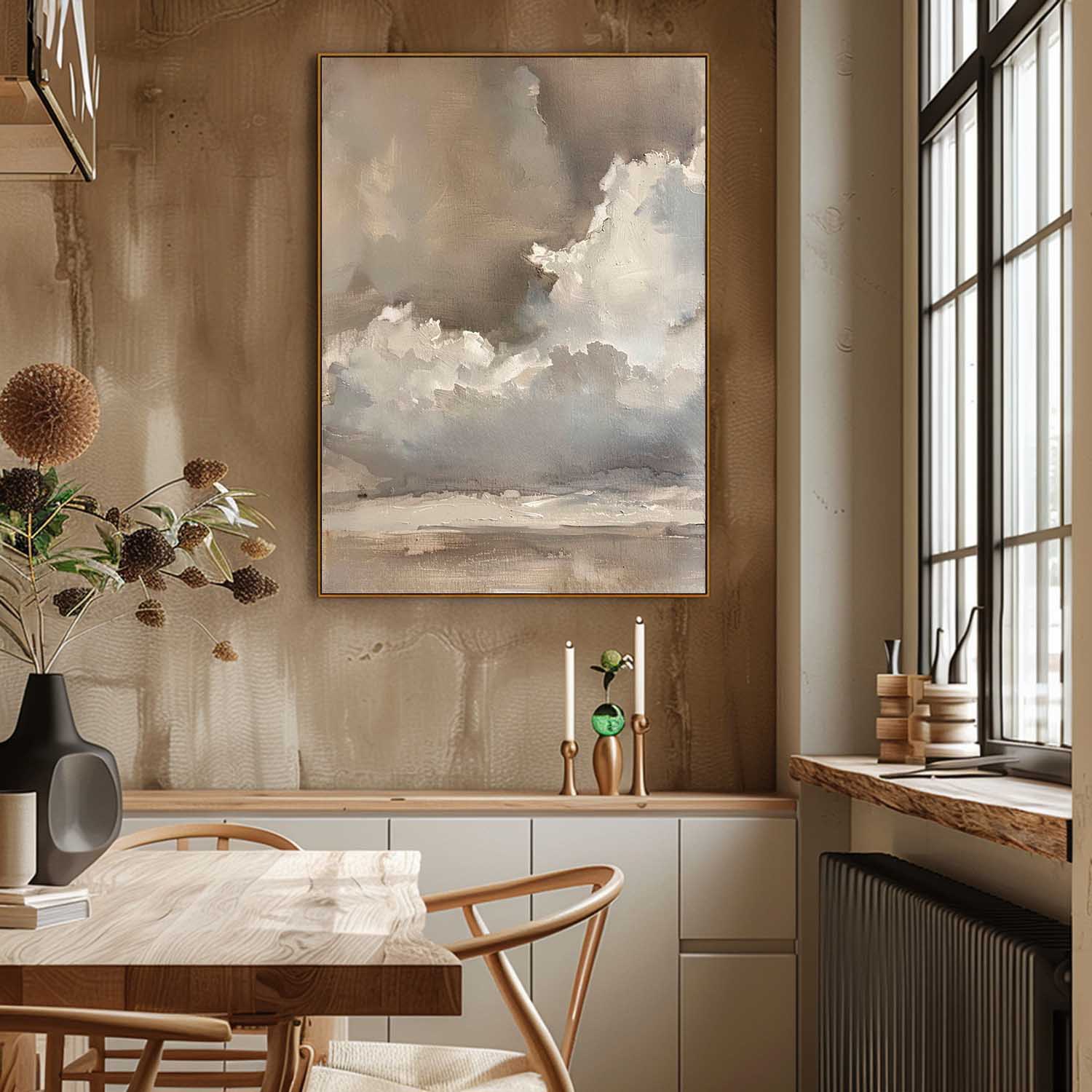 Vintage Beige And Brown Cloud Wall Art Cloudy Sky Oil Painting Vintage Neutral Cloud Painting