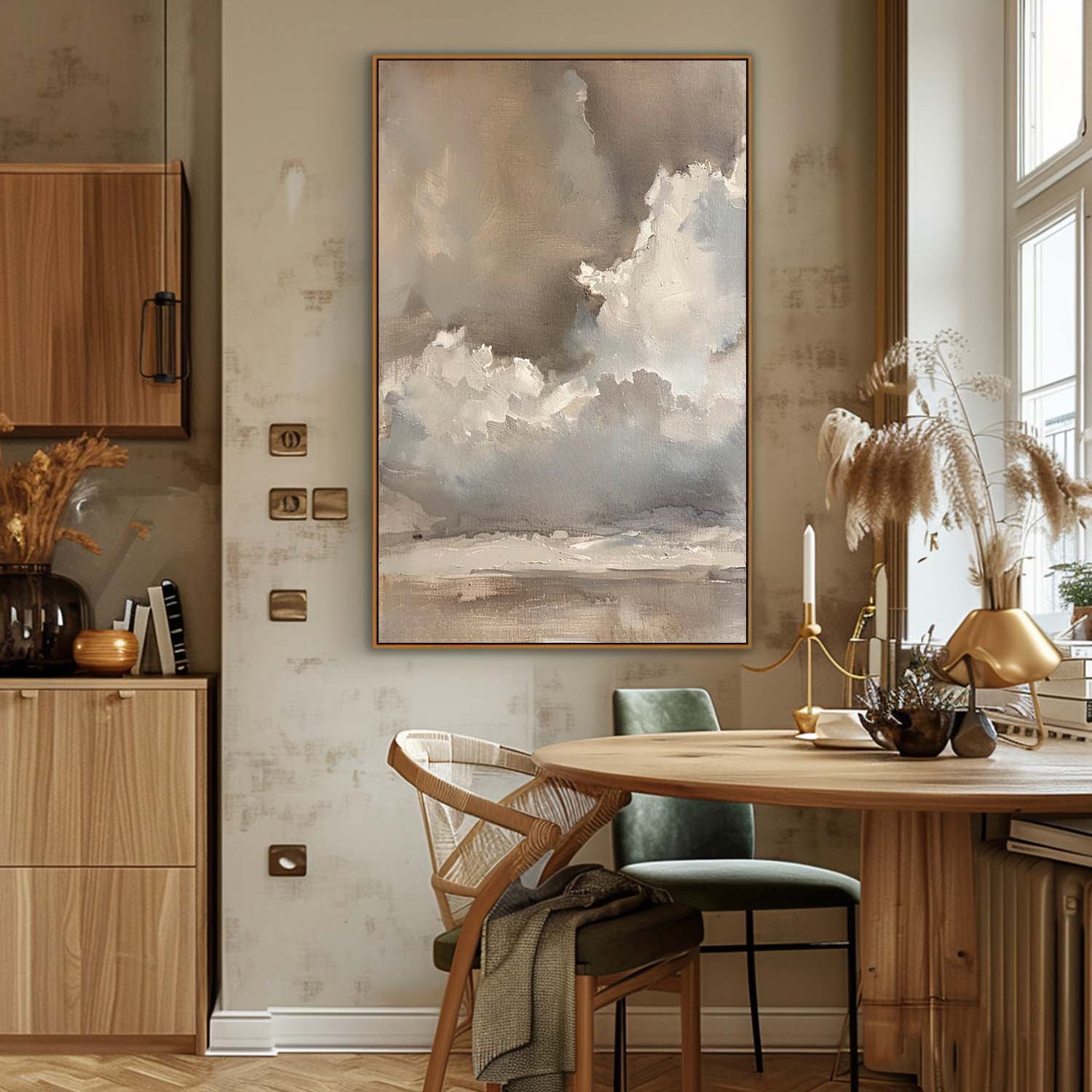 Vintage Beige And Brown Cloud Wall Art Cloudy Sky Oil Painting Vintage Neutral Cloud Painting