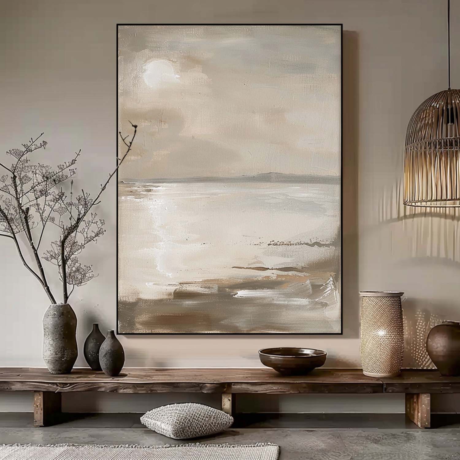 Vintage Sea View Sunset Oil Painting Original Seascape Painting Beige Sunset Wall Art Beige Ocean Abstract Painting