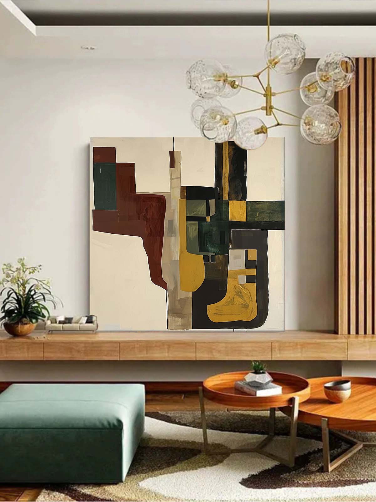 Large Retro Abstract Art Original Stretched Canvas Print Minimalist Retro Beige Wall Art