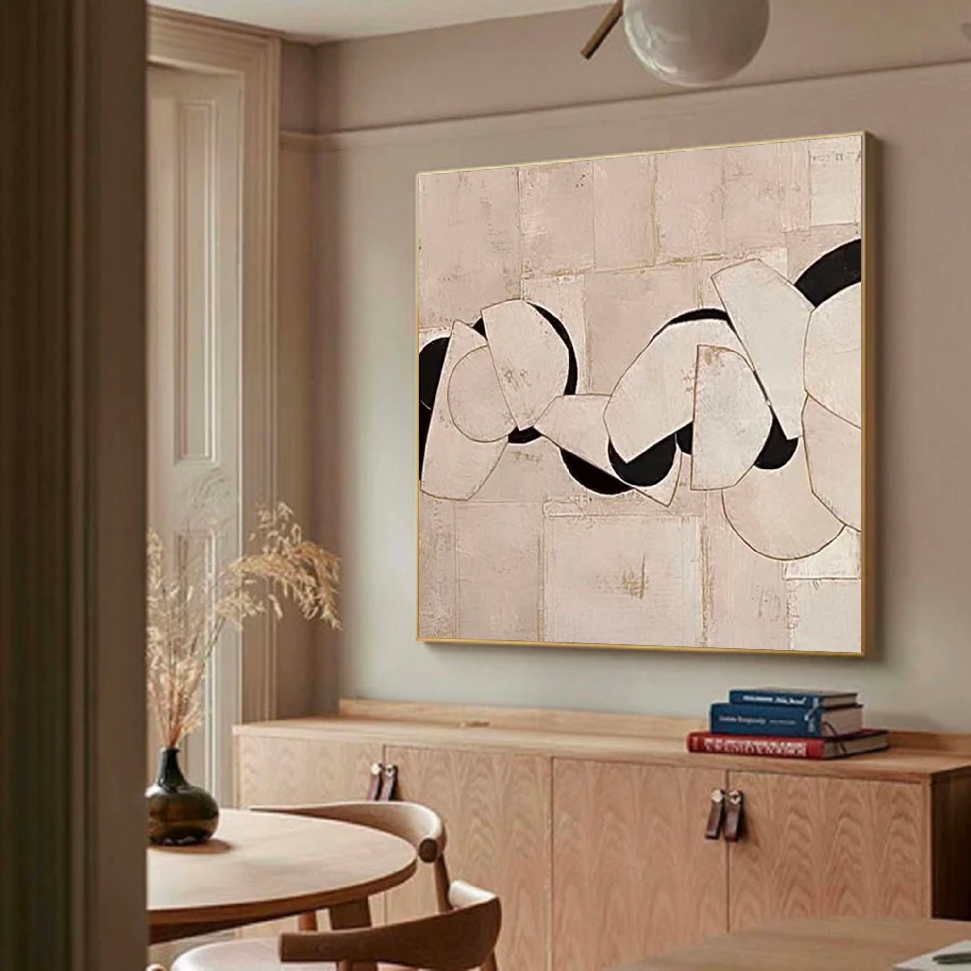 Neutral Beige & Black Painting On Canvas 3D Minimalist Textured Beige Painting