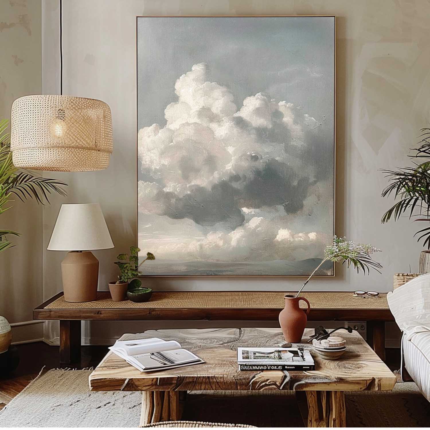 Vintage White Cloud Wall Art Cloudy Sky Oil Painting Cloudscape Wall Art Cloud Landscape Oil Painting