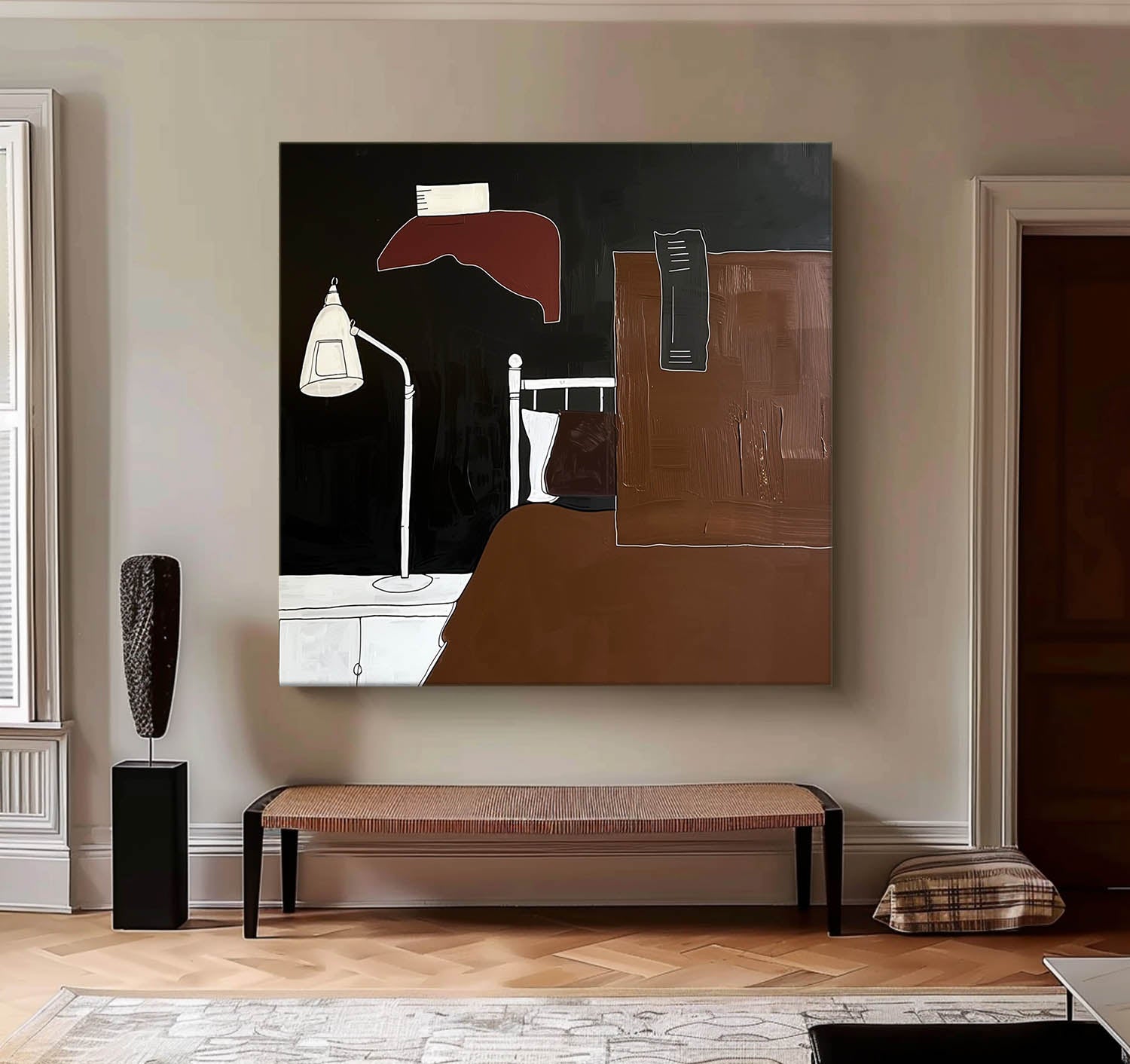 Minimalist Bed Figurative Painting Minimalist Brown Black Wall Art Large Black Brown Wall Painting