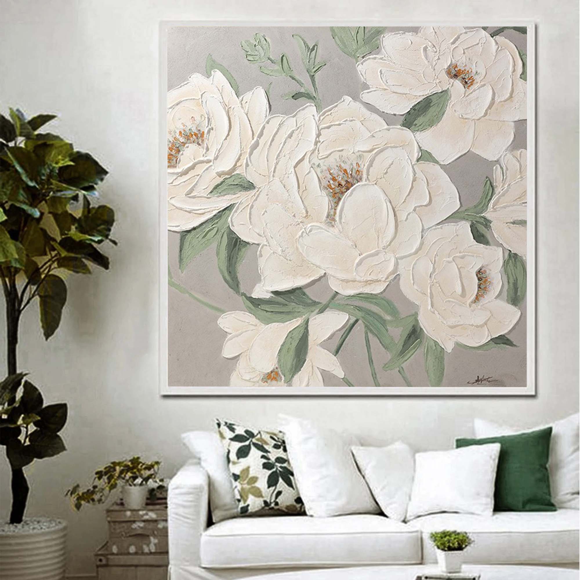 3d White Flower Oil Painting White Textured Flower Wall Art Minimalist Art Flower