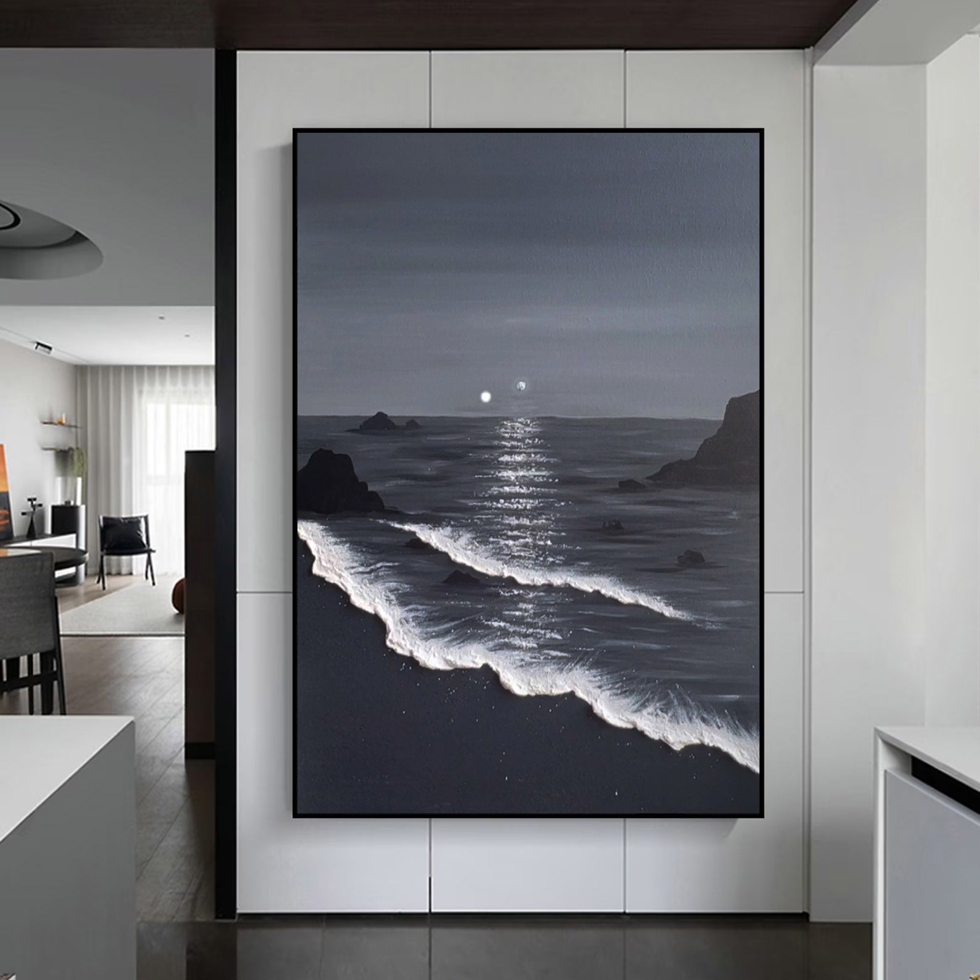 Minimalist 3d Ocean Waves Painting Original Black And White Ocean Beach Painting