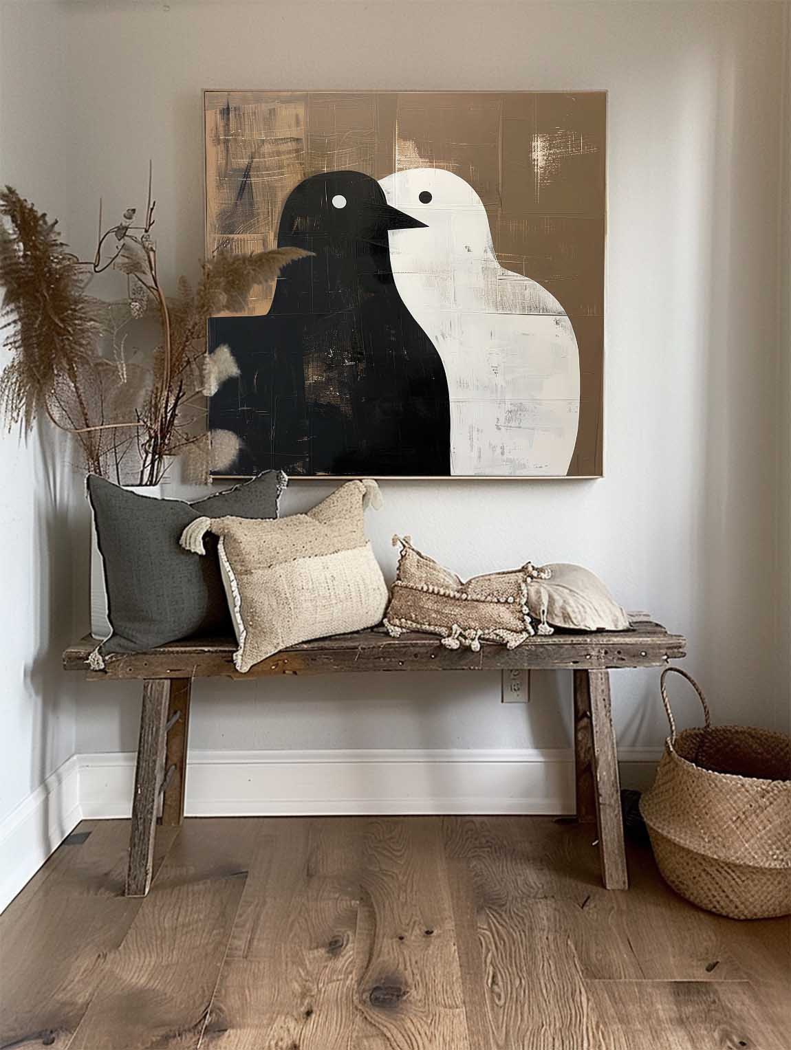 Vintage Neutral Dove Canvas Art Retro Handmade Dove Painting Original Black And White Canvas Art Retro Canvas Dove Art