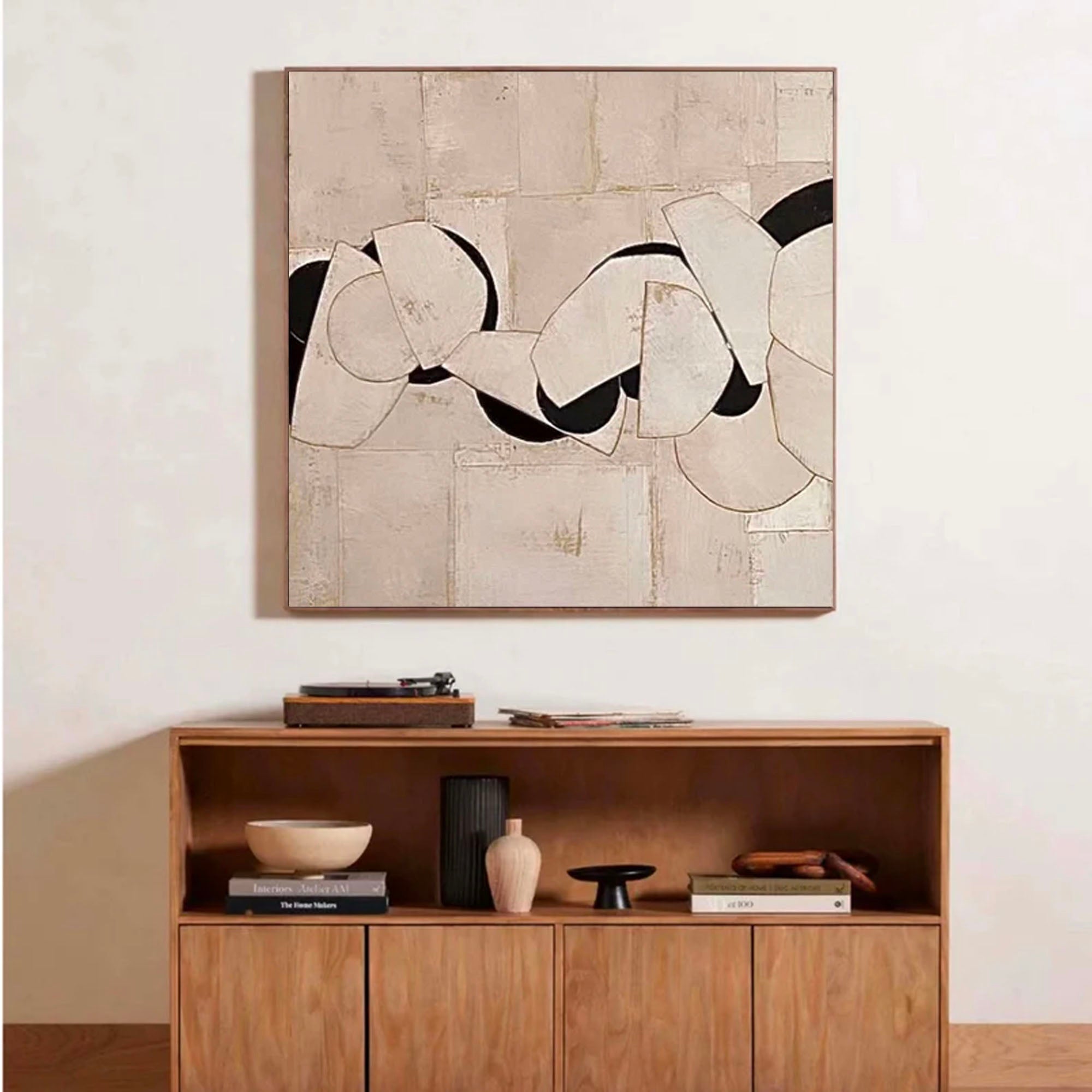 Neutral Beige & Black Painting On Canvas 3D Minimalist Textured Beige Painting