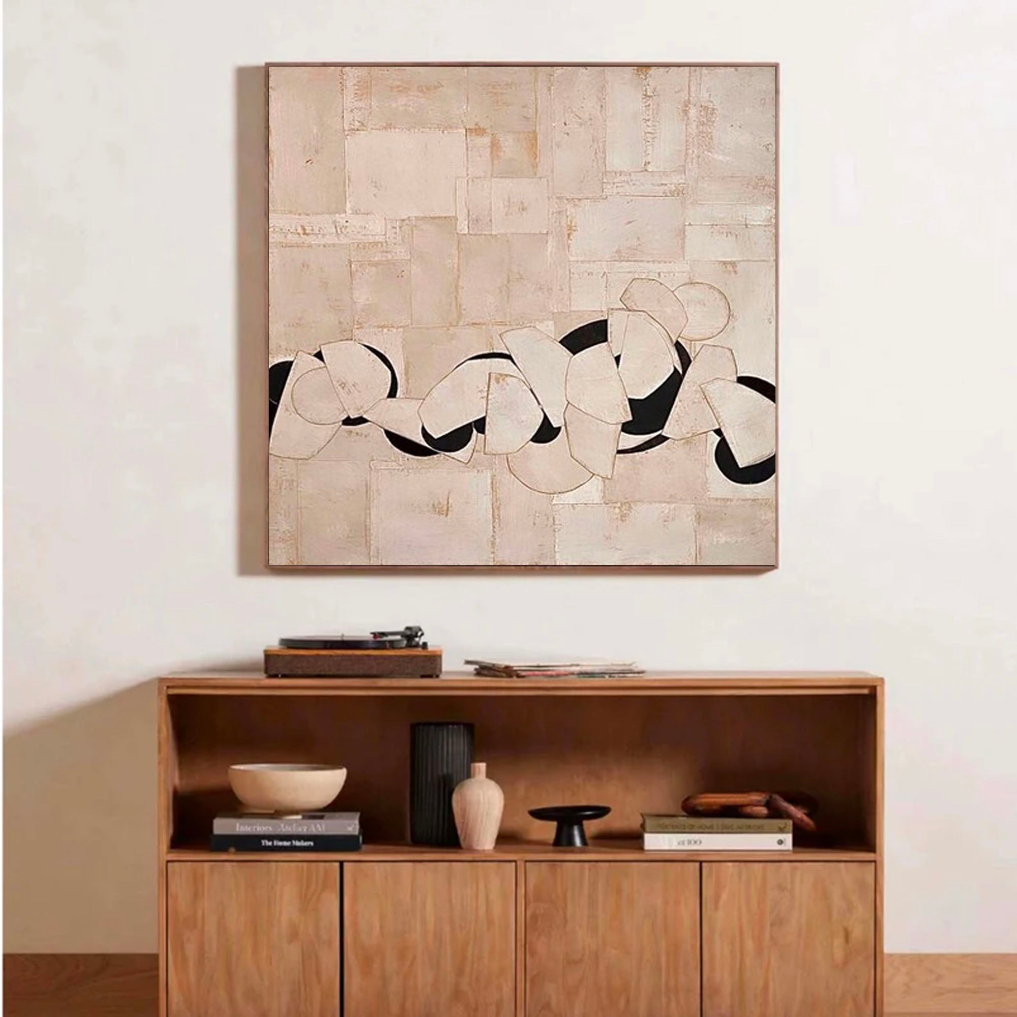 Large Minimalist Beige Canvas Painting Black Beige Textured Wall Art Wabi Sabi Wall Painting