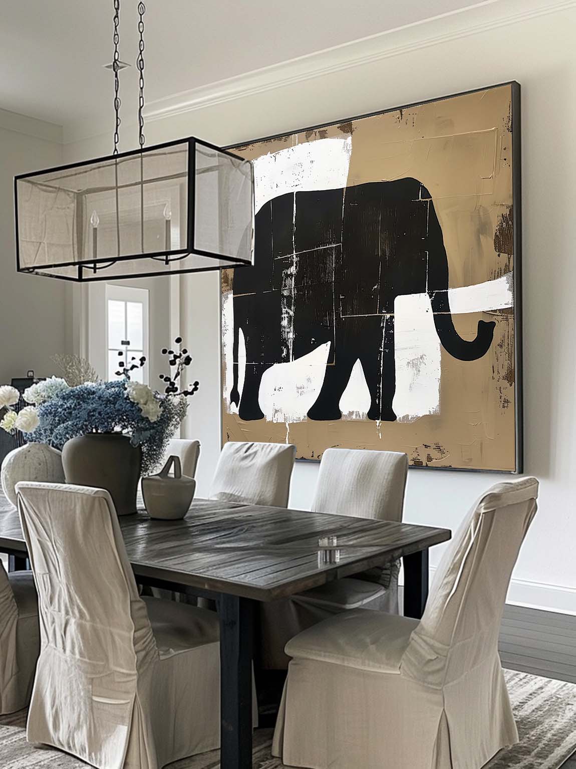 Retro Elephant Acrylic Painting On Canvas Large Neutral Elephant Painting Large Neutral Artwork