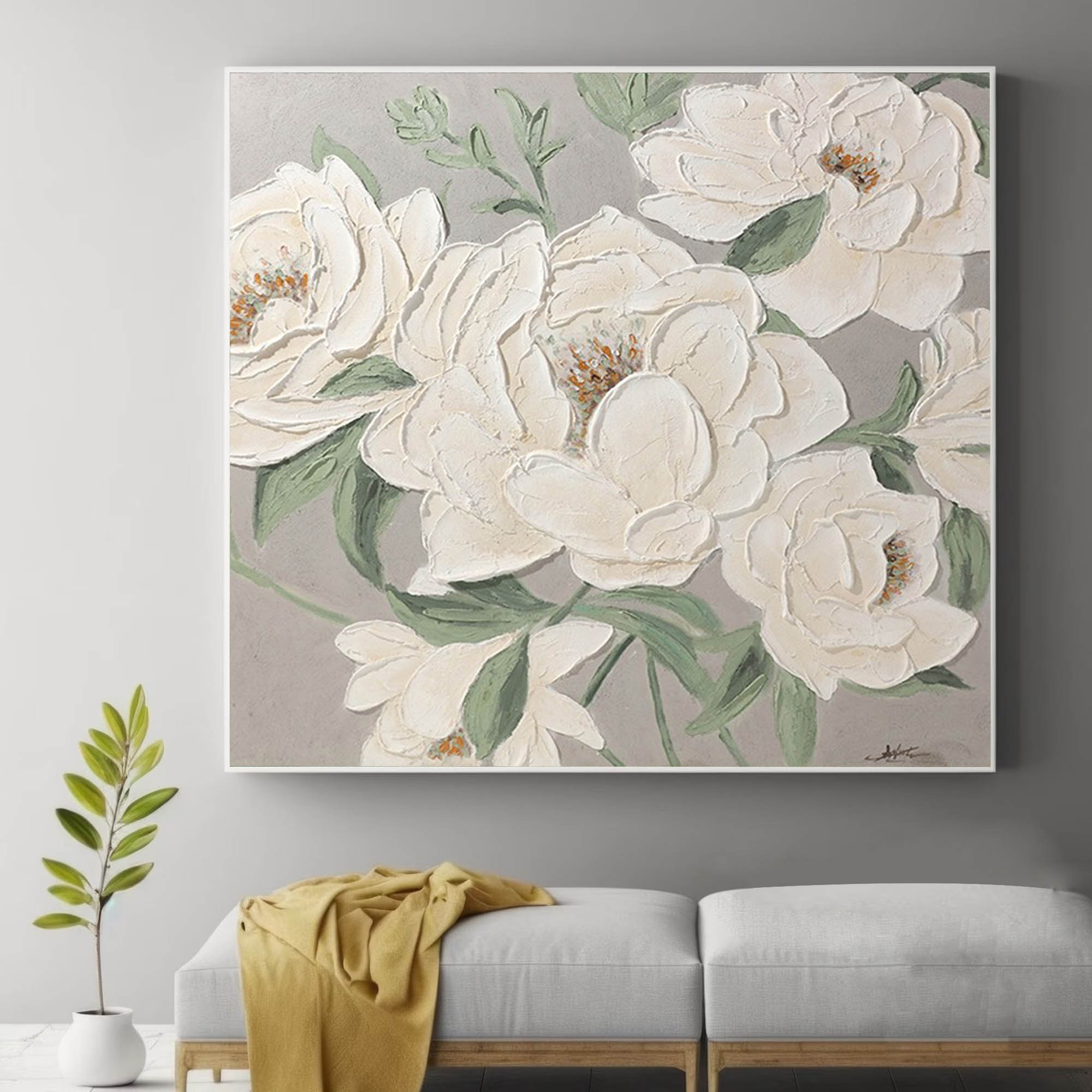 3d White Flower Oil Painting White Textured Flower Wall Art Minimalist Art Flower