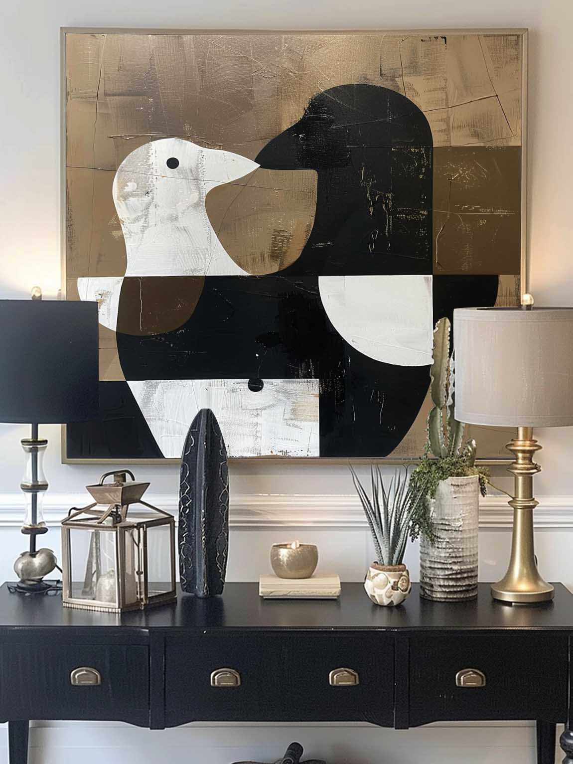 Retro Black And White Dove On Canvas Large Minimalist Abstract Painting Retro Brown Background Dove Painting