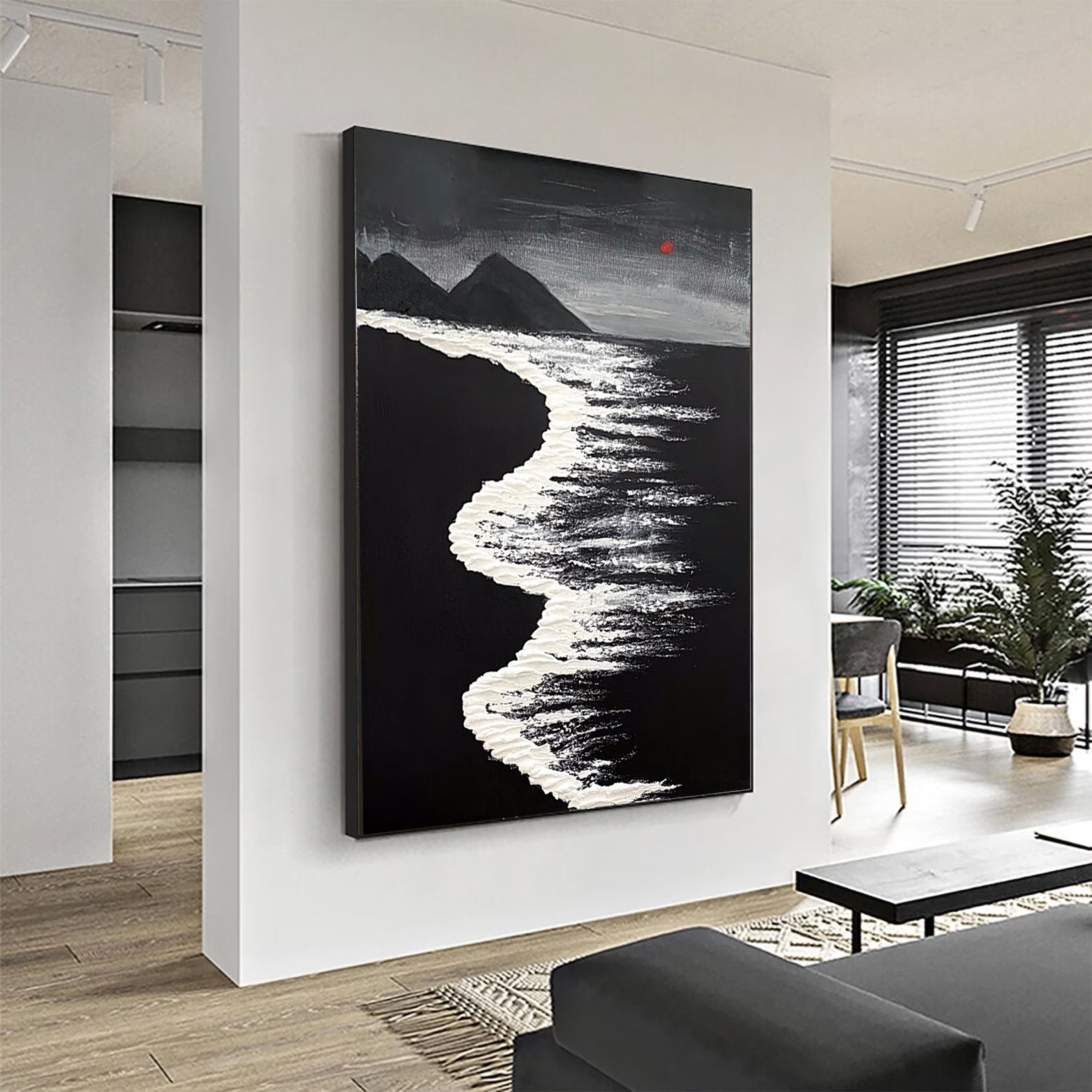 3d Minimalist Black White Wave Painting On Canvas Large Black Ocean Texture Wall Art