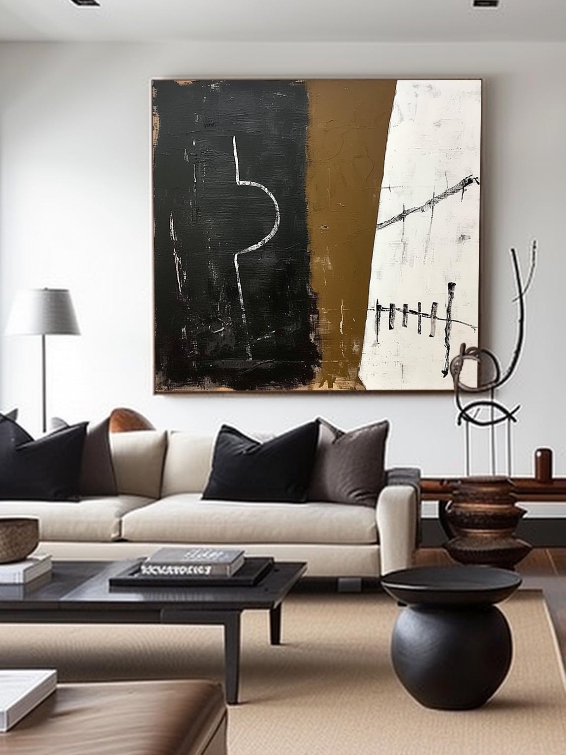 Retro Black And White Oil Painting Black and White Abstract Painting Large Vintage Black And Brown Wall Art