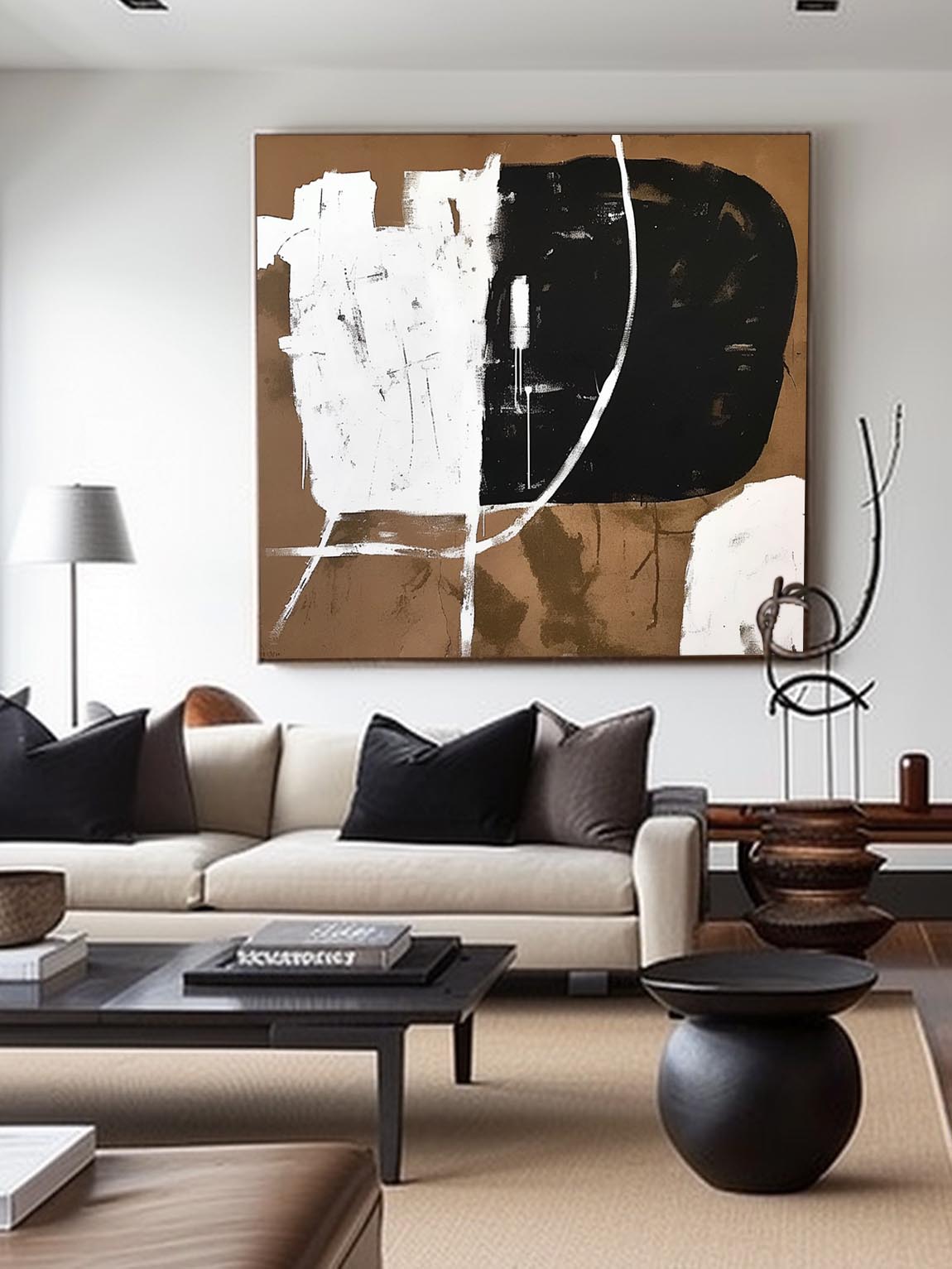 Retro Large Black And Brown Art Large Original Canvas Painting Vintage Abstract Art Large Canvas Wall Art