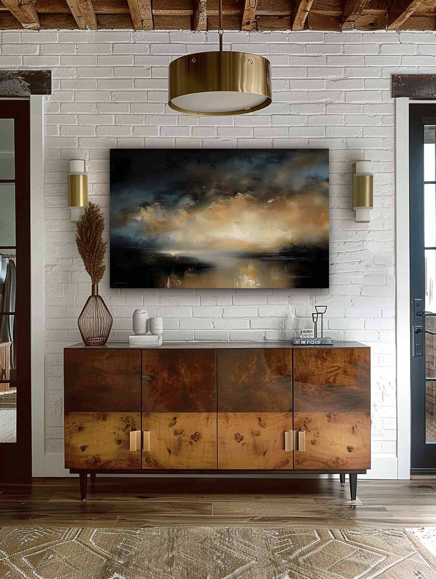 Vintage Minimalist Black And Beige Lake Landscape Painting Large Neutral Black And Beige Abstract Painting