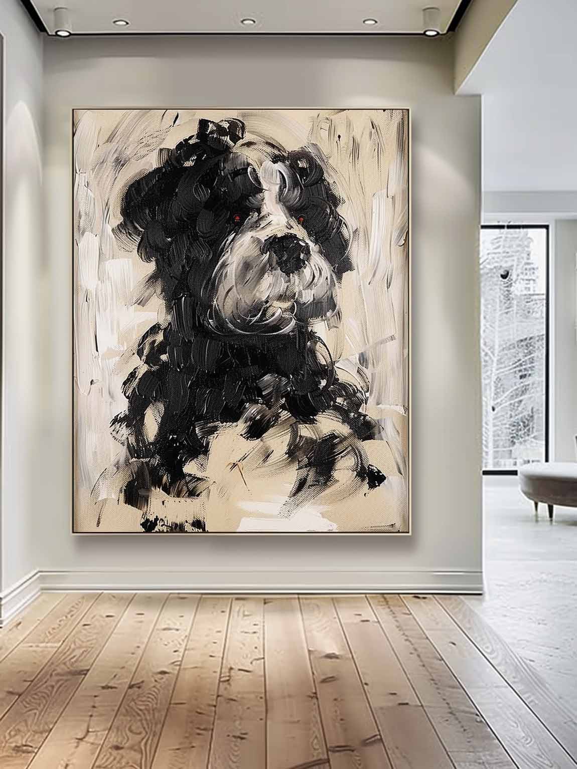 Large Vintage Neutral Dog Portrait Painting Original Dog Painting On Canvas Retro Neutral Tone Dog Artwork