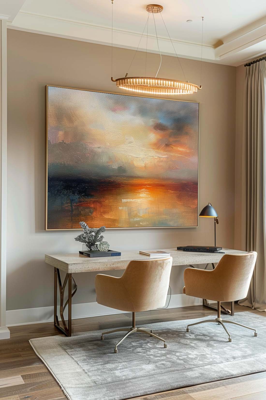 Vintage Hand-Painted Abstract Sea Level Oil Painting Large Sunset Sea Level Texture Painting Retro Sea Level Wall Art