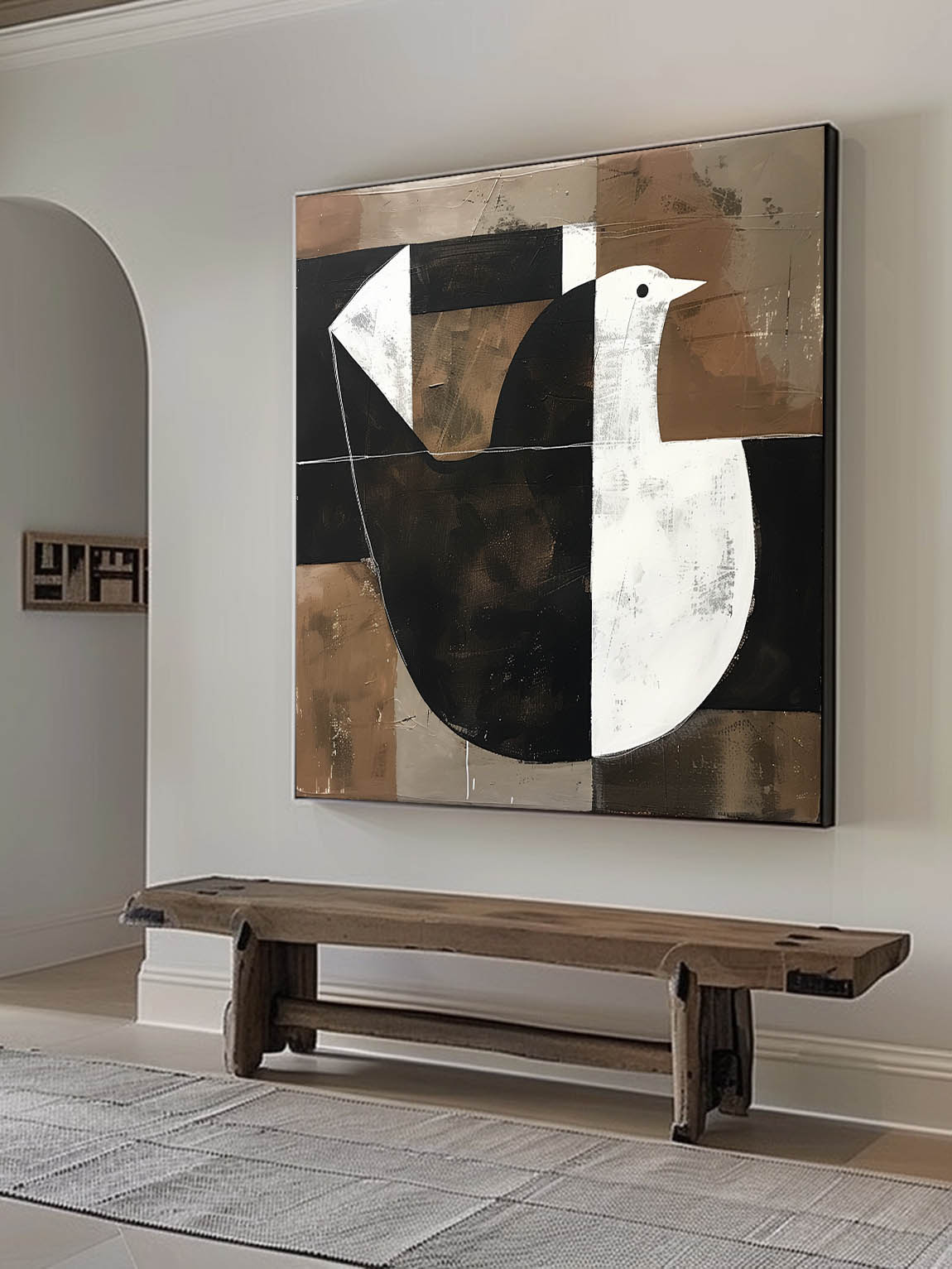 Retro Neutral Dove Painting On Canvas Retro Black & White Dove Canvas Art Vintage Minimalist Dove Painting