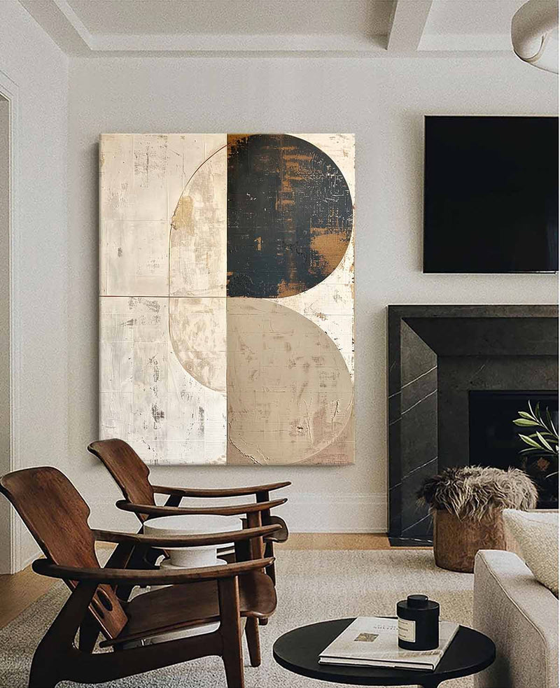 Beige Minimalist Canvas Painting Framed Circle White And Black Painting Beige And Black Wall Art