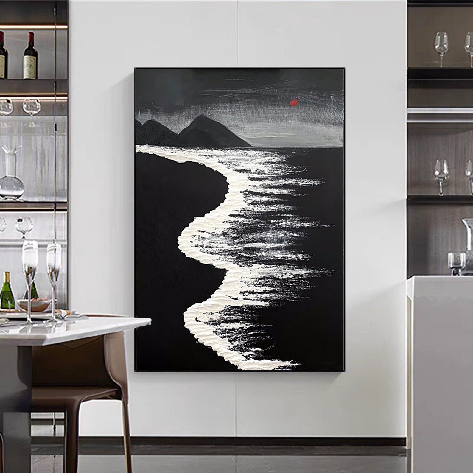 3d Minimalist Black White Wave Painting On Canvas Large Black Ocean Texture Wall Art