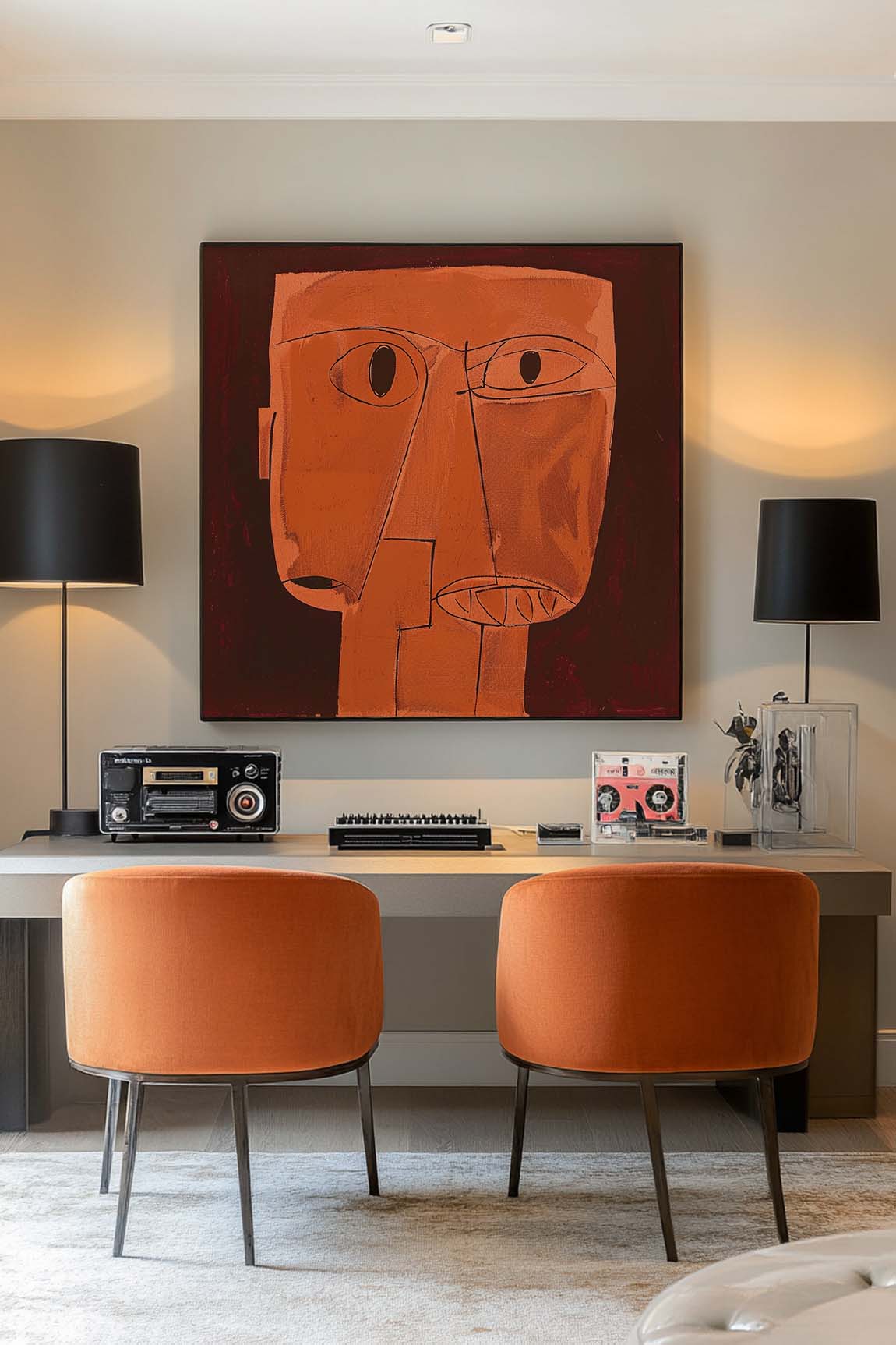 Vintage Orange Human Face Abstract Painting Large Retro Orange Canvas Art Retro Neutral Decor