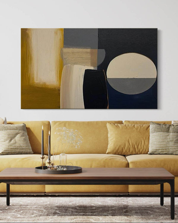 Large Minimalist Black And Gold Canvas Painting Geometric Wall Art Beige And Black Neutral Painting