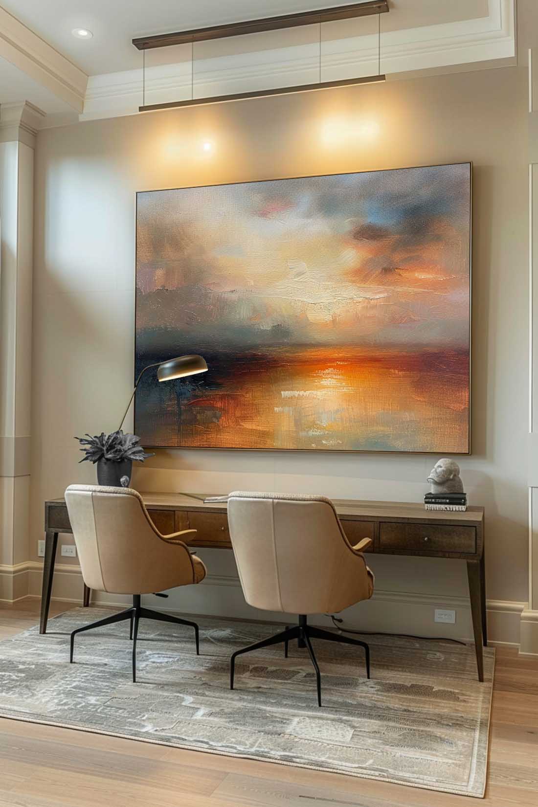 Vintage Hand-Painted Abstract Sea Level Oil Painting Large Sunset Sea Level Texture Painting Retro Sea Level Wall Art